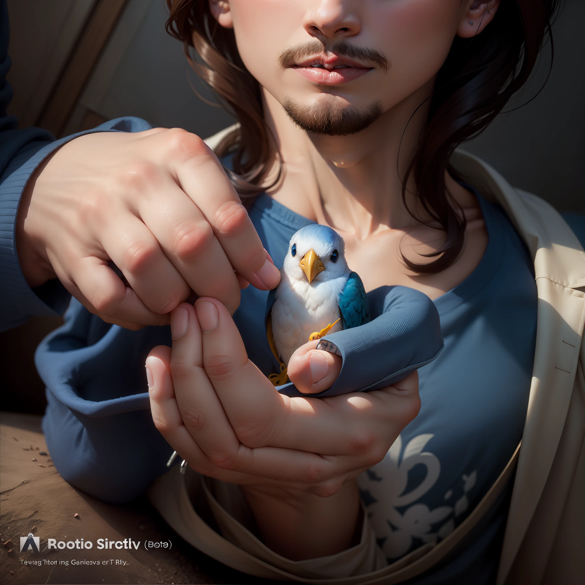 someone holding a small bird in their hands with a blue shirt, Segurando uma espada, Directed by: Matt Stewart, Directed by: Jan Tengnagel, Directed by: Jan Rustem, Directed by: Adam Chmielowski, bird's-eye, hatching, holding it out to the camera, Directed by: Matt Cavotta, Directed by: Dan Scott, Directed by: David Garner, belo tiro, pet bird