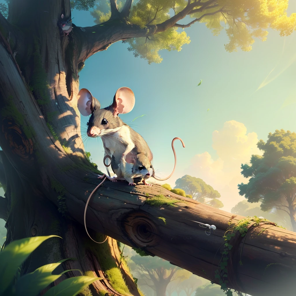 A mouse that has become a sperm is chilling under a large tree in 4K HD