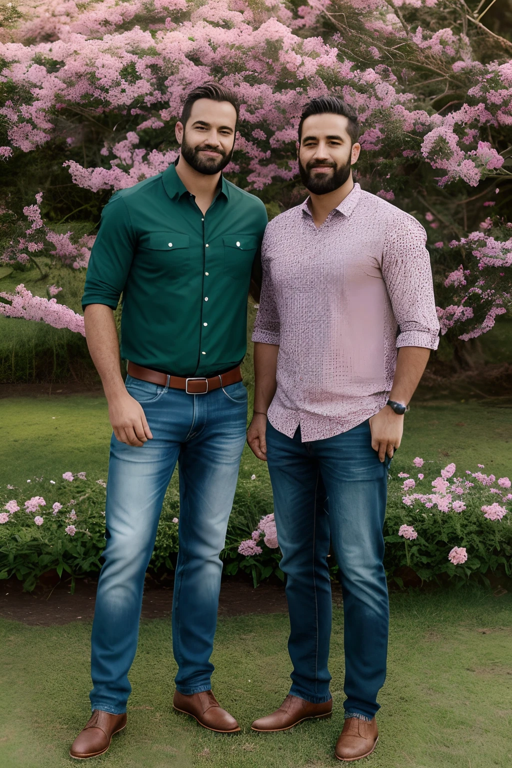 Dois homens de meia idade rusticos de barba estilo lenhadores, vestindo camisa xadrez, bermuda jeans surrada e sapato estilo bota de trilha. Uma crianca vestindo camiseta e bermuda esta no meio deles segurando a mao dos dois . Eles estao em um campo de flores em primeiro plano, grama verde, uma casa de madeira com varanda ao fundo desfocado. 8k, hiperdetalhado, uhd