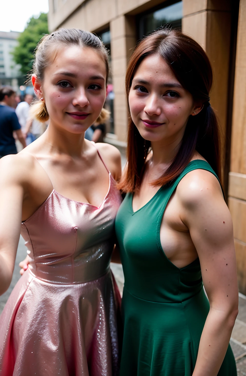 shukezouma, rendering by octane, hdr, (ultra - detailed:1.15), (Soft light, Sharp:1.2), (((duo,Two women in costume take selfies on the street,colorful pigtail, anime cosplaying,))),Beautiful girl, hyper detail eyes, mature, Painting drops, paint teardrops, woman made up from paint, entirely paint, splat, Splash, Long colored hair,paint bulb,paint drops, Exposed shoulders, Tears,shoulders are visible, Thighs exposed, seminude, focus onface, Beautiful face, eye shadows, Dark circle contour, russian face, Russian girl, mascara, Beautiful, 18yr old