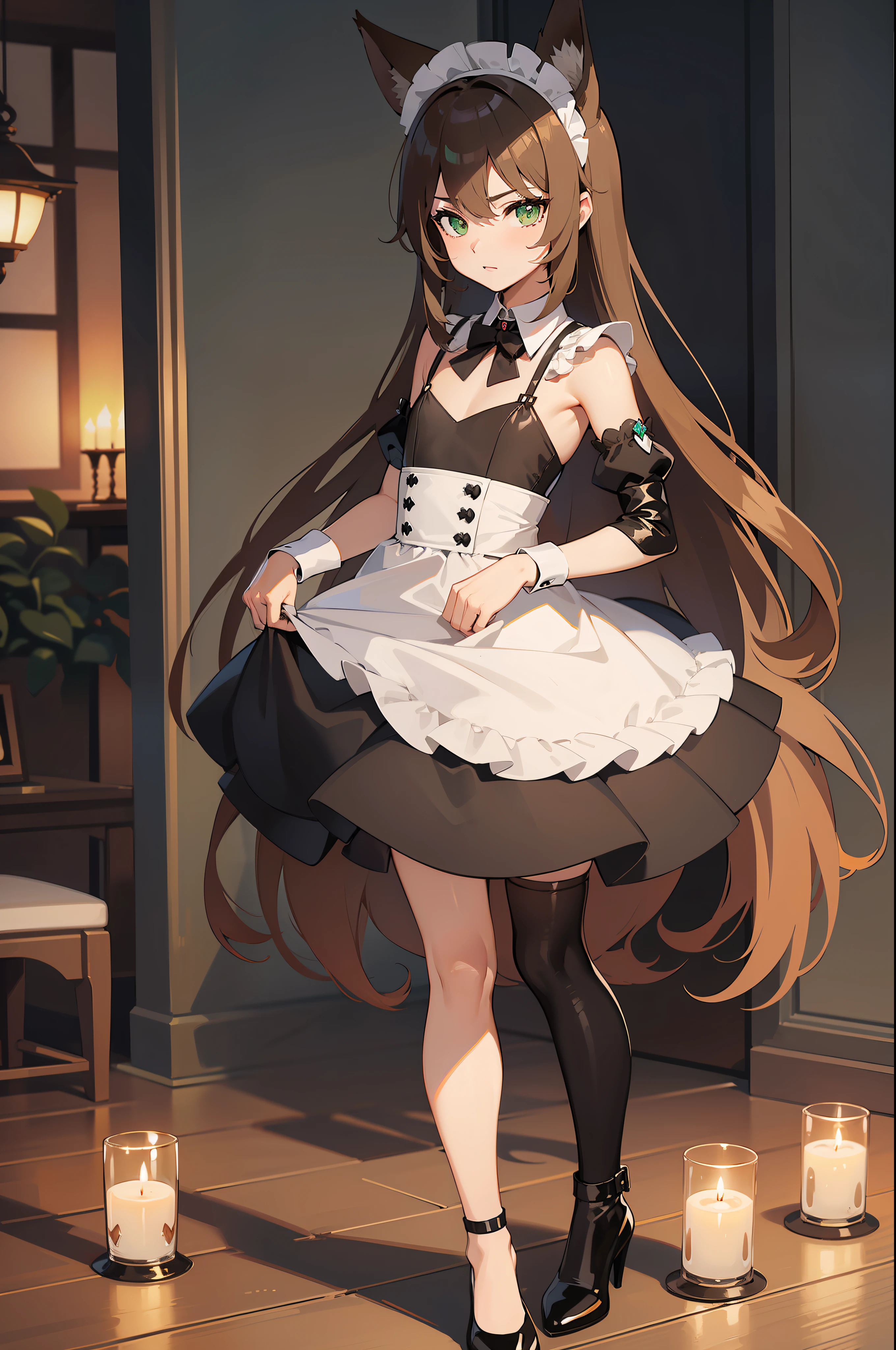 1boy, girly boy, femboy, fox boy, fox ears, fox tail, flat chest, green eyes, dark brown hair, long hair, sexy, SFW, alluring, full body, nice ass, latex maid costume, mature, maid apron, maid headdress, covered chest, masterpiece, anatomically correct, ass focus,