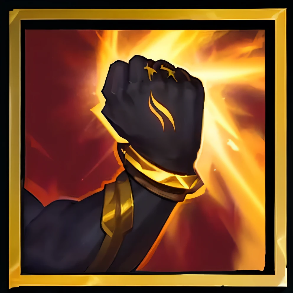 A close-up of a muscular arm clenched into a fist,league of legends inventory item, godsent, ability image, item art, legendary item, holy flame spell, holy flame crown spell, character icon, Brigitte, holy fire spell art, flame conjuring armored, arcane jayce, Splash Art, Hero portrait, full protrait