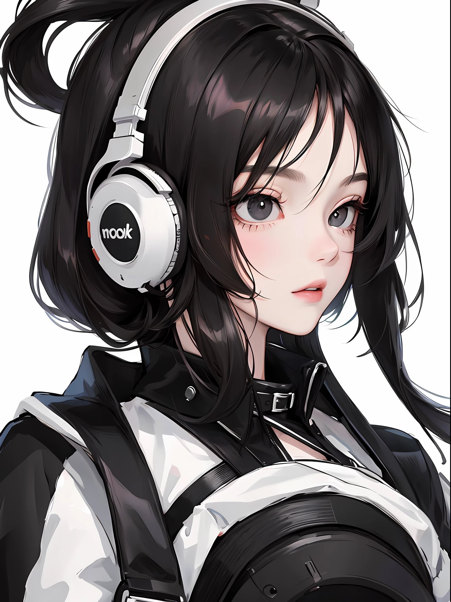 Close-up, anime girl, long black hair, black eyes, black clothes, white background, wearing black and white headphones