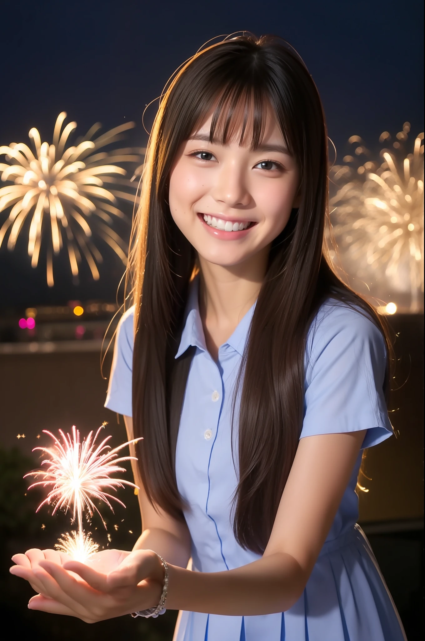 A smile、a beauty girl、hi-school girl、While doing fireworks