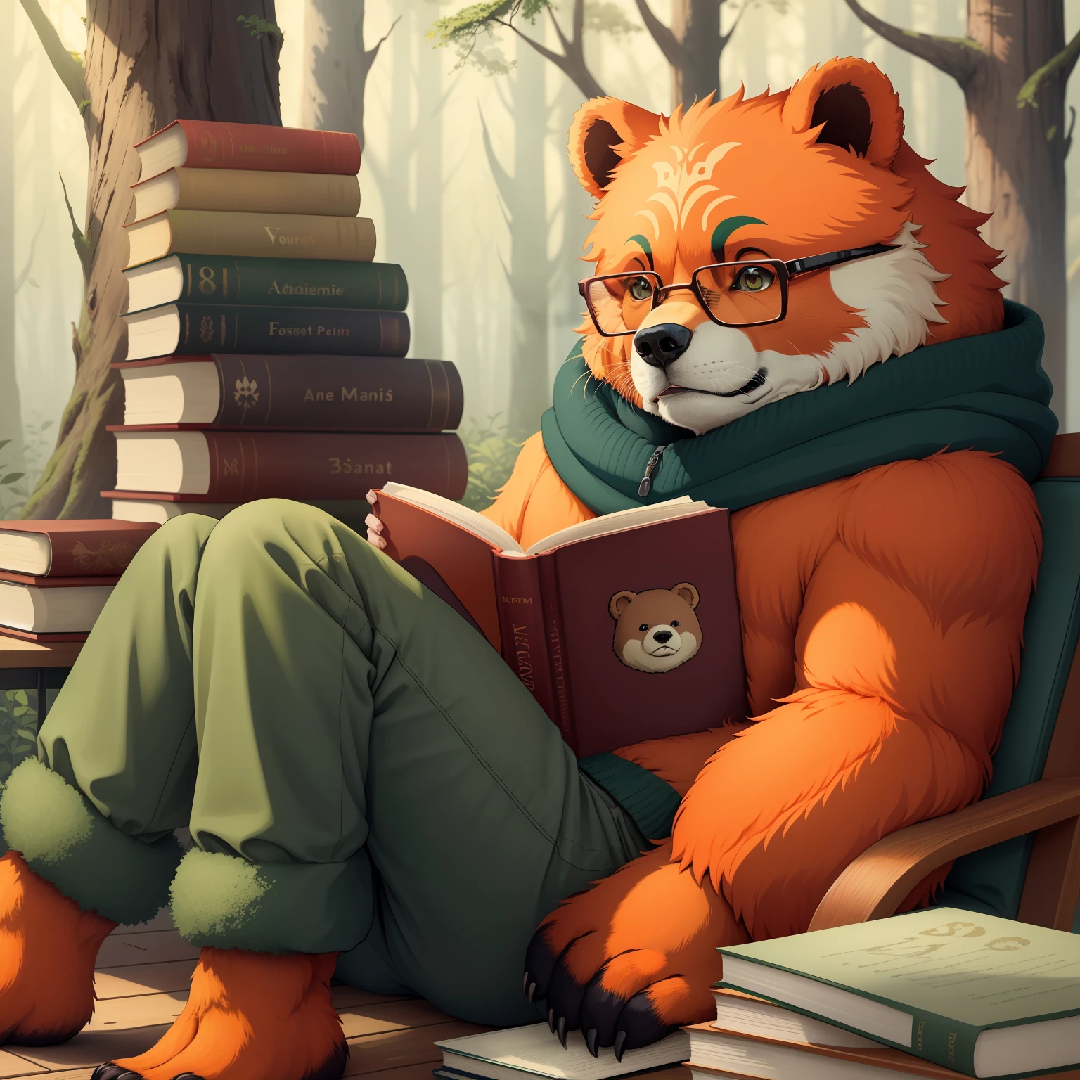Wild forest，In the daytime，Bear with glasses，There are books on the paws，a warm color palette，High color brightness，quadratic element，adolable，Anime comic style，sitted