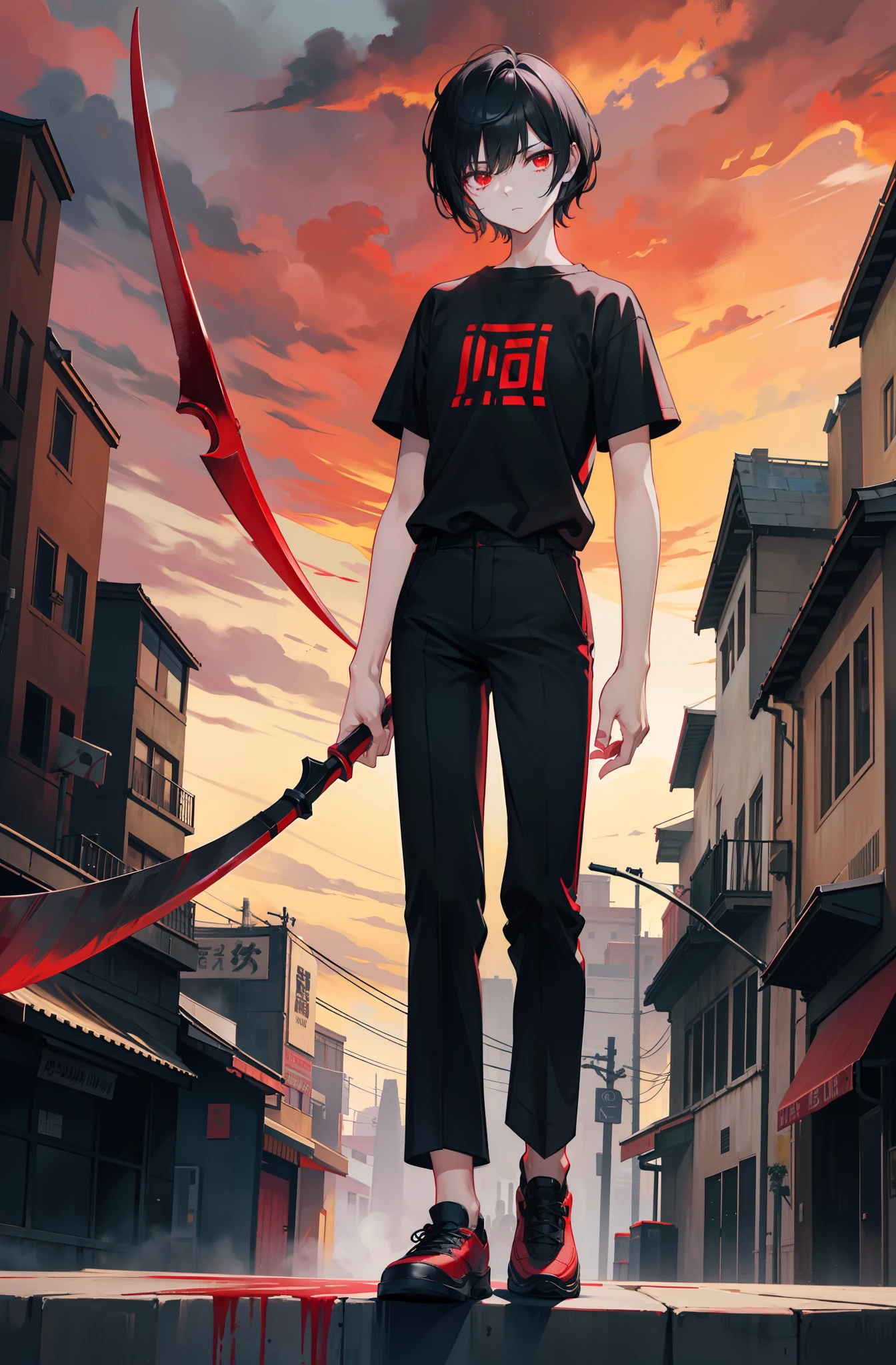 with short black hair,Red-eyed teenager,Stand on the street where there is no one at night,extreme hight detail,short- sleeved,shorter pants,Holding a huge blood-colored scythe in one hand
