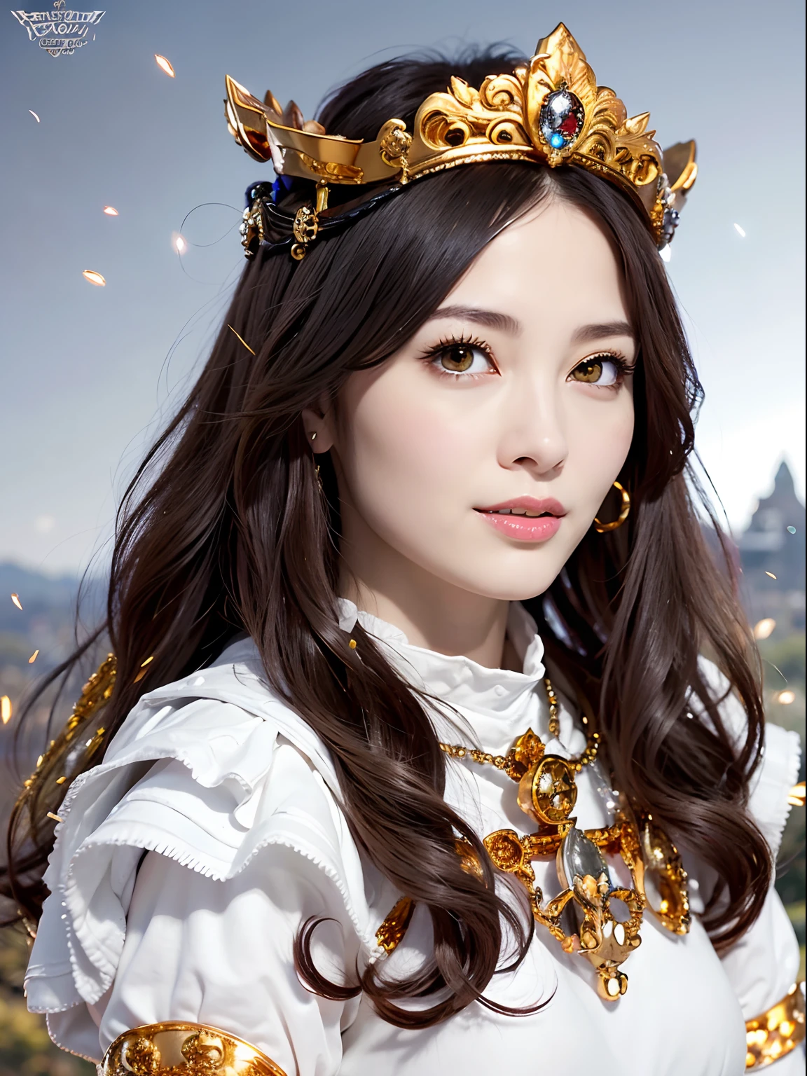 (masutepiece), Professional , masterpiece、top-quality、photos realistic , depth of fields (Gemstone Silver Metal Body:1.9),(Matte White、Particles of light、Jewel Gold Weapon(Jewel Metal Body:1.4),Gorgeous metal weapons , Detailed Sword of the Brave , Beautiful knife ,warhammer 40k , adepta sororitas,Detail and ornate jewel crown、Black hair、Gangle's forest background、Beautiful Caucasian beauty、1a person、dynamic ungle,(((Detailed and ornate diamond crown)))、Smaller head、A smile、sexypose、(Gorgeous castle background)、