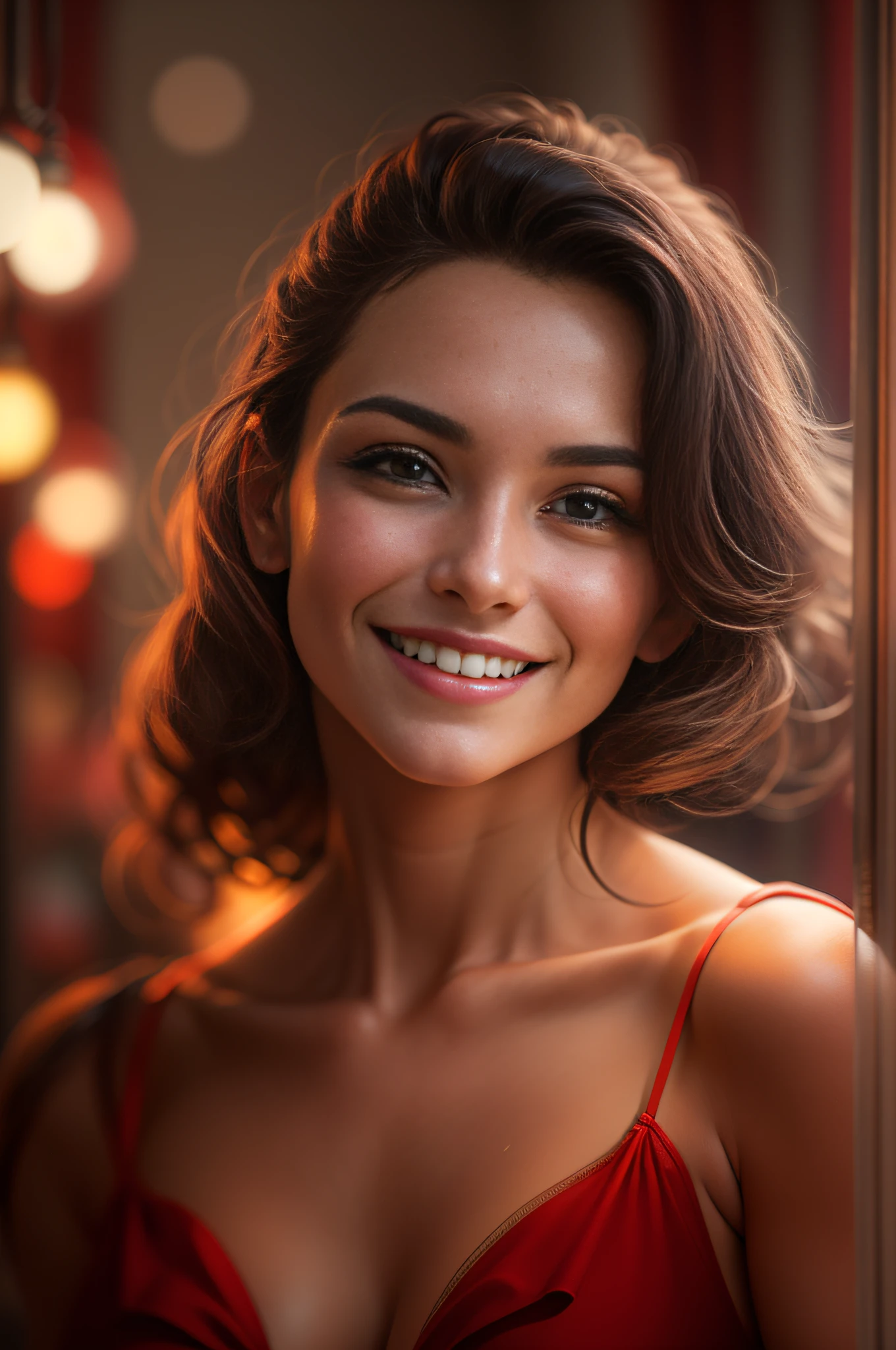 The Arad woman in a red dress smiled at the camera, Soft portrait shot 8 K, 8K Artgerm bokeh, Beautiful young woman, beautiful portrait lighting, beautiful and smiling, Bokeh top cinematic lighting, Beautiful girl portrait, Portrait shooting, Gorgeous woman, elegant smiling pose, young beautiful woman, A beautiful young woman, Portrait photo of a beautiful, cute seductive smile