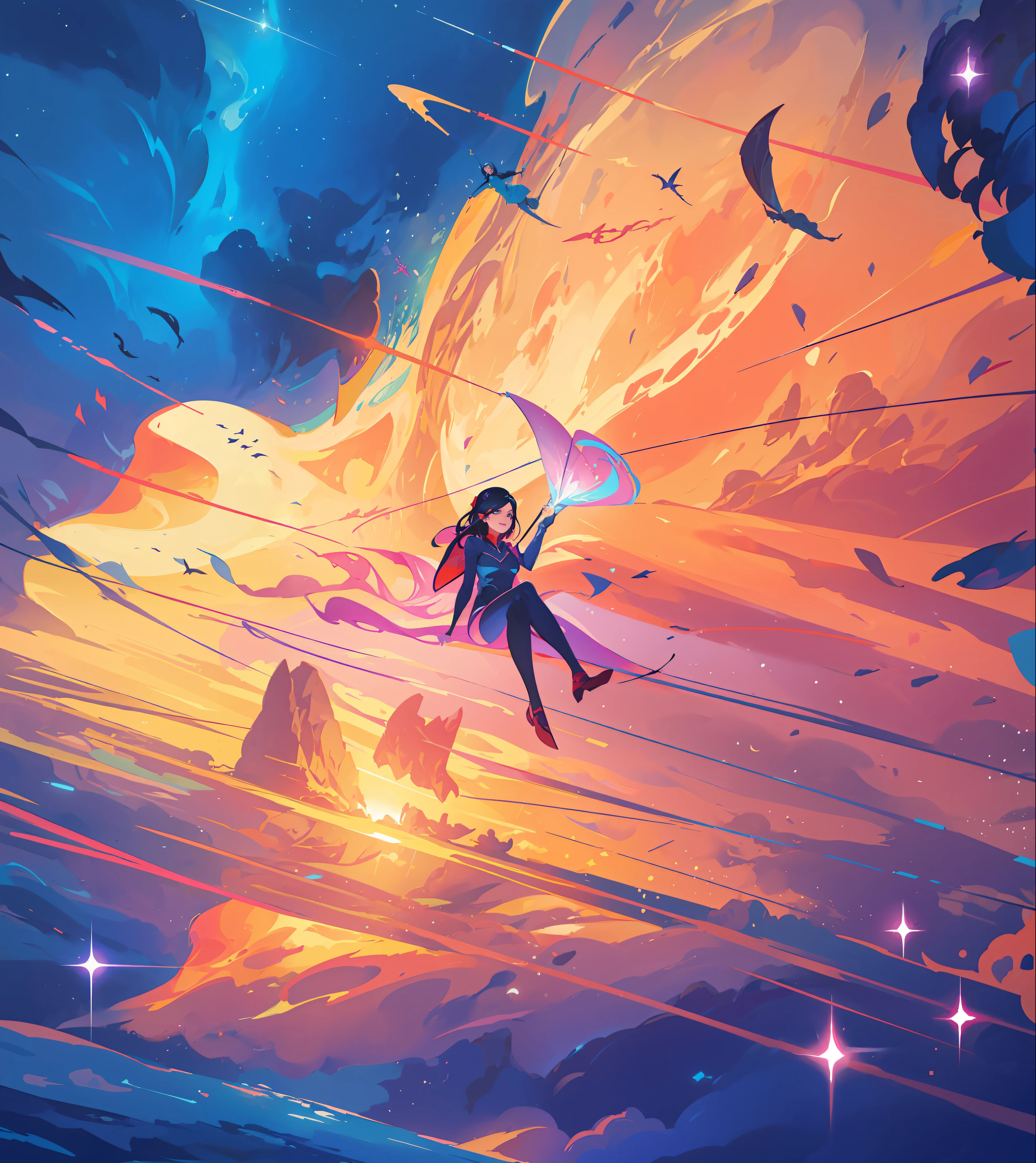 illustration of a woman flying through the sky with a kite, sky witch, jen bartel, by Atey Ghailan, sitting on the cosmic cloudscape, by Andrée Ruellan, inspired by Atey Ghailan, it is flying through space, dreamy illustration, cosmic tiefling d&d, by Ryan Yee, flying on the broom