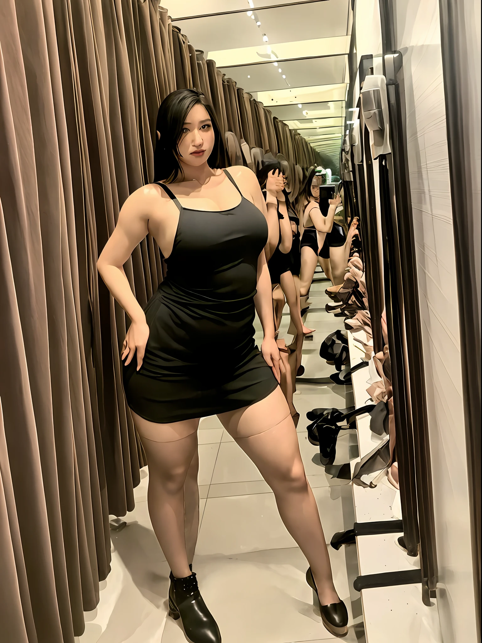 solo,1girl,Final Fantasy VII, (nose blush), single elbow pad, ankle boots, black hair, black skirt, black thighhighs, red boots, elbow gloves, elbow pads, fingerless gloves, taut shirt, sports bra, (suspender black skirt), thighhighs, white tank top, top body is hyperrealistic thicc muscle and hyper largest_breasts!! with the type of boobs_melons, black hair, full body, look at viewer, posing standing in bar, sensual mouth, makeup, bokeh,
