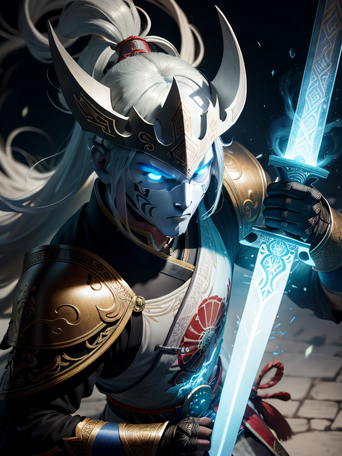 Chinese style armor, A sword with a runic glow, He wears a white face armor, With a white mask on his face, glow blue eyes, Chinese sword