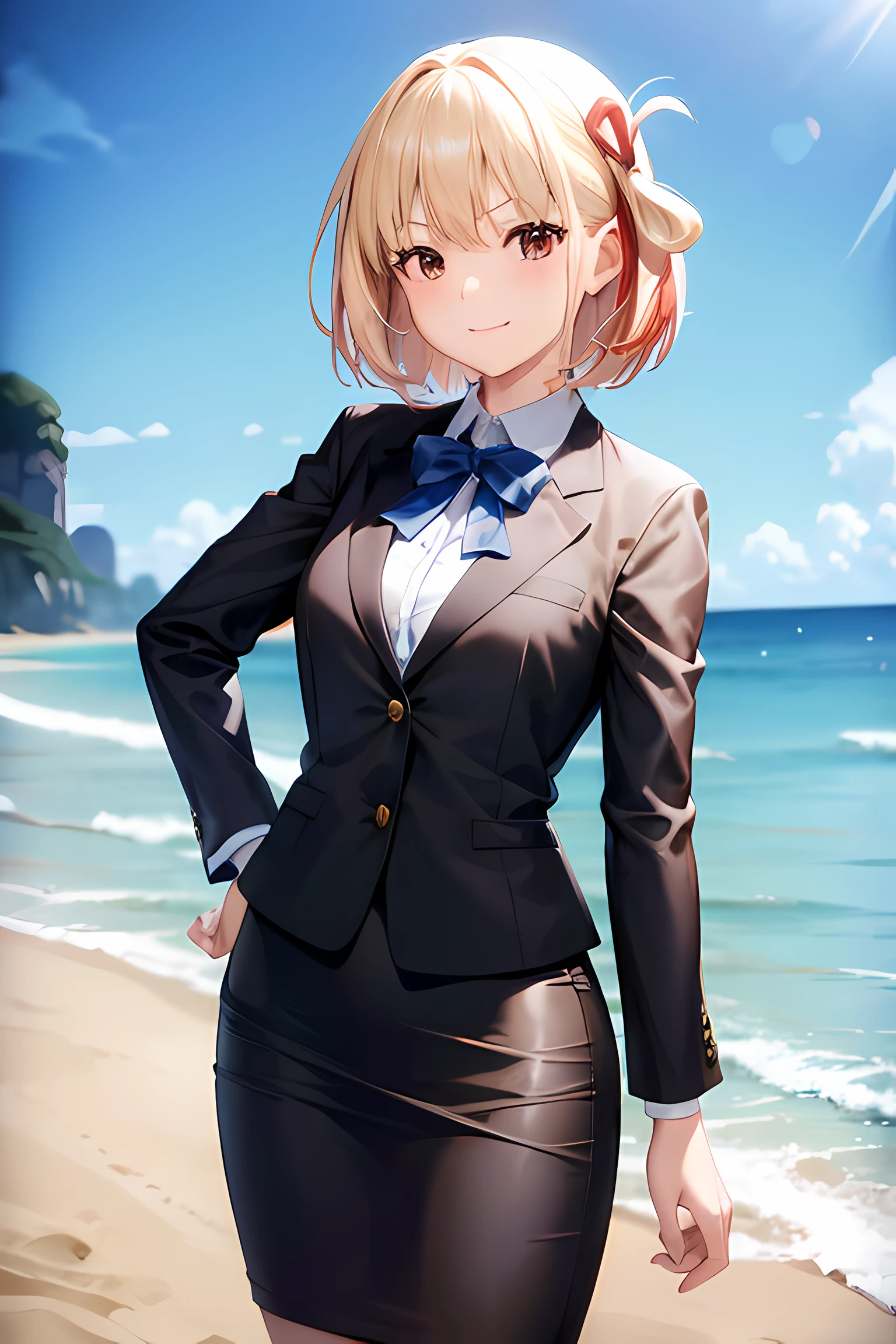 1girl, chisato nishikigi, suit, beach background, office lady, black skirt, black blazer, pencil skirt, white shirt, blonde hair, bob cut, hair ornament, red hair ribbon, short smile, teenager,