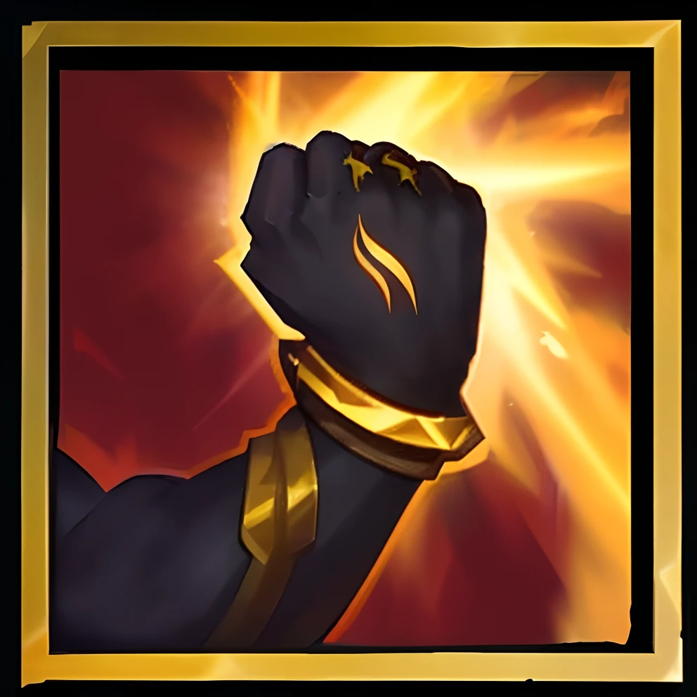 A close-up of a muscular arm clenched into a fist,league of legends inventory item, godsent, ability image, item art, legendary item, holy flame spell, holy flame crown spell, character icon, Brigitte, holy fire spell art, flame conjuring armored, arcane jayce, Splash Art, Hero portrait, full protrait