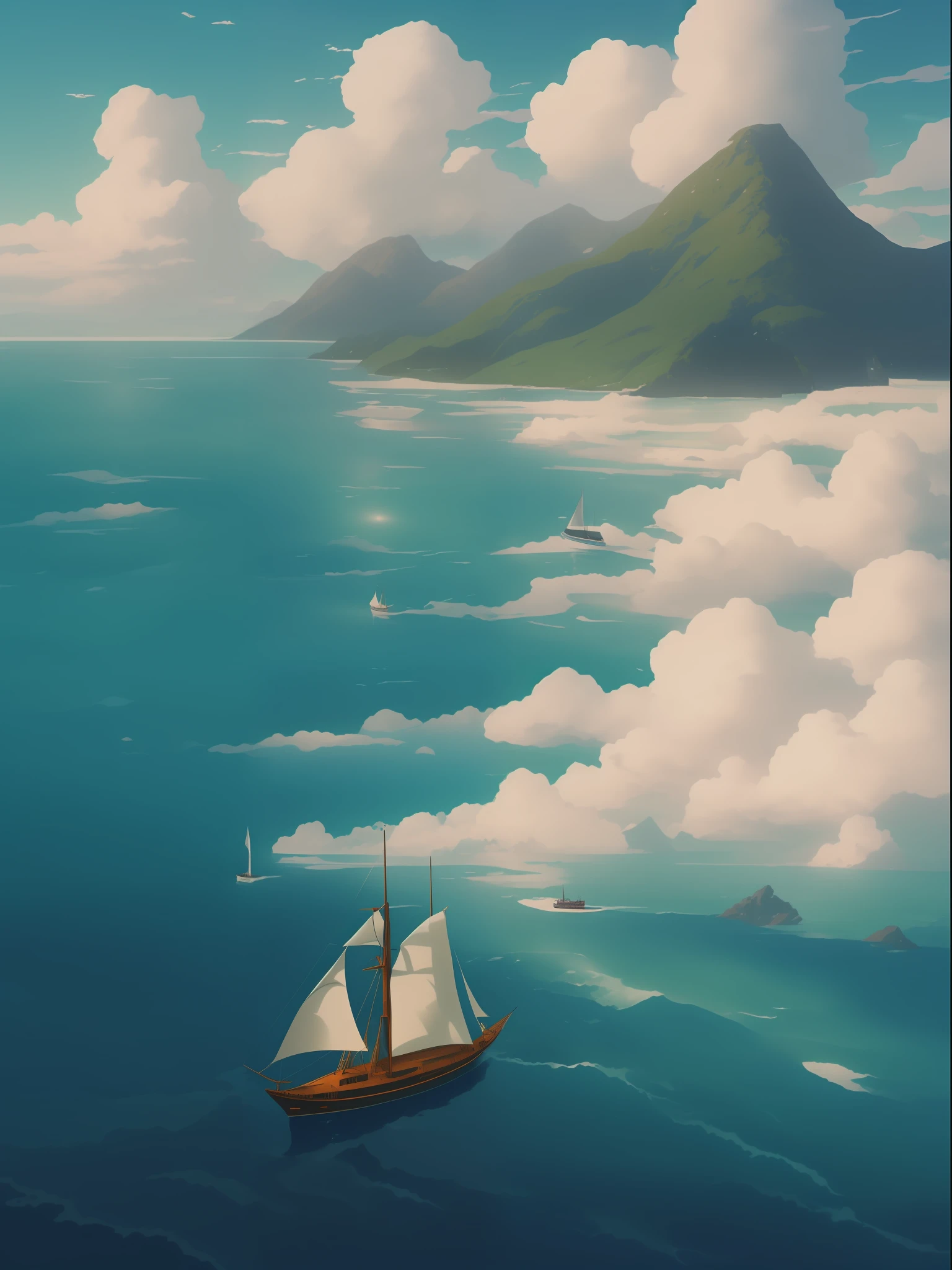 Painting of a sailing ship floating on the sea with mountains in the background, by Ross Tran. scenic background, Blue Sea. by makoto shinkai, By Shinkai Makoto. - H 2160, makoto sinkai, ( ( By Shinkai Makoto ) ), by makoto shinkai, by makoto shinkai, greg rutkowski makoto shinkai