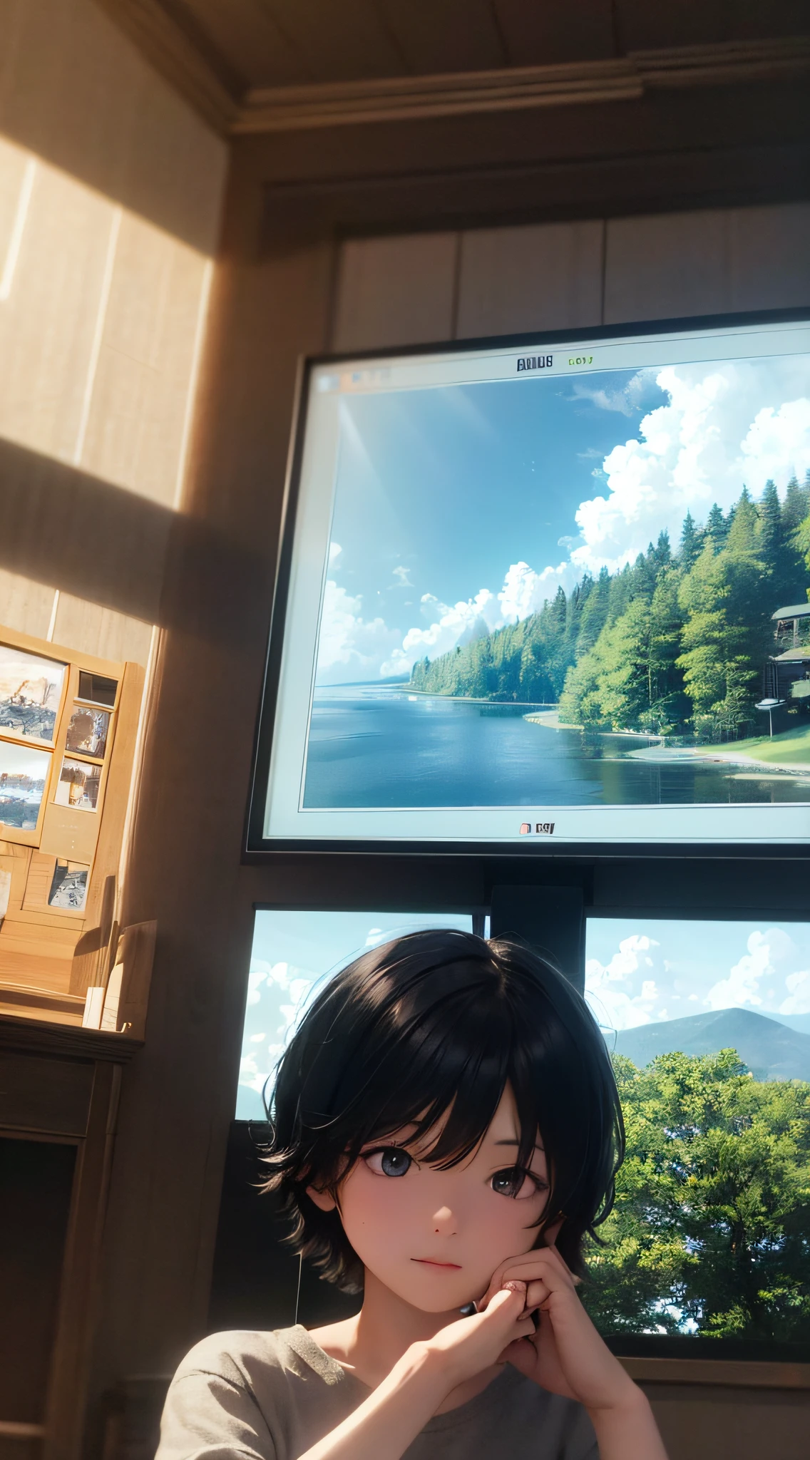 Clouds、Blue sky、big trees,,Pure scenery,Eight-year-old black-haired boy playing happily+0.5,The character station screen is moderately proportioned, Quiet and idyllic,high definition detail、Ultra-detailed and sophisticated presentation,Cinematic surrealism,Soft light on the background,Deep focus and bokeh effects,Ray tracing and surrealist art style