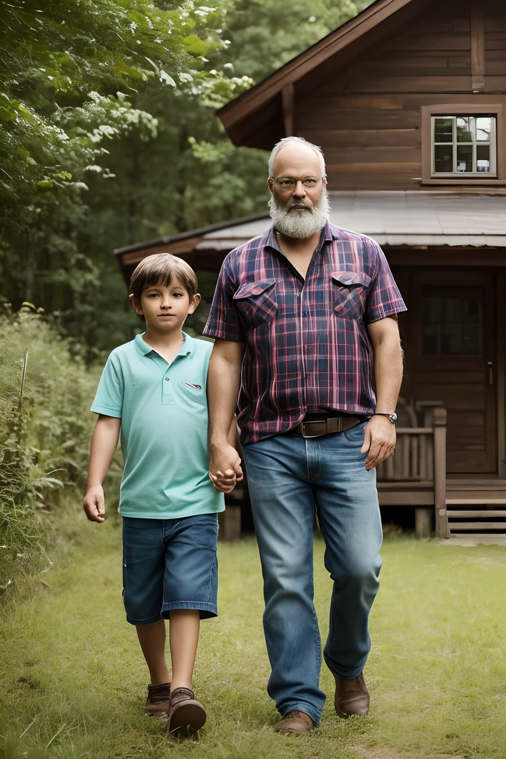 Two stout middle-aged men with lumberjack-style beards stand proudly, vestidos com camisas xadrez, shorts jeans usados, e botas de caminhada robustas. (((Among them is a child))), vestido com uma camiseta simples e shorts, ((Holding both hands)). O eles se encontram em meio a um pitoresco campo de flores vibrantes, o primeiro plano dominado por um mar de cores. The lush green grass makes for the idyllic scenery.
No pano de fundo, A wooden house with a porch is gently blurred, reinforce the focus on the three figures in the foreground. The scene exudes warmth and a sense of companionship, Capture a moment of unity and togetherness.
The whole picture is intrinsically detailed, with a level of precision that brings every aspect of the composition to life. Renderizado em 8K Ultra High Definition (UHD), This scene allows you to immerse yourself in the rich textures, Cores, and emotions. Attention to detail is increased to create a hyper-realistic experience.