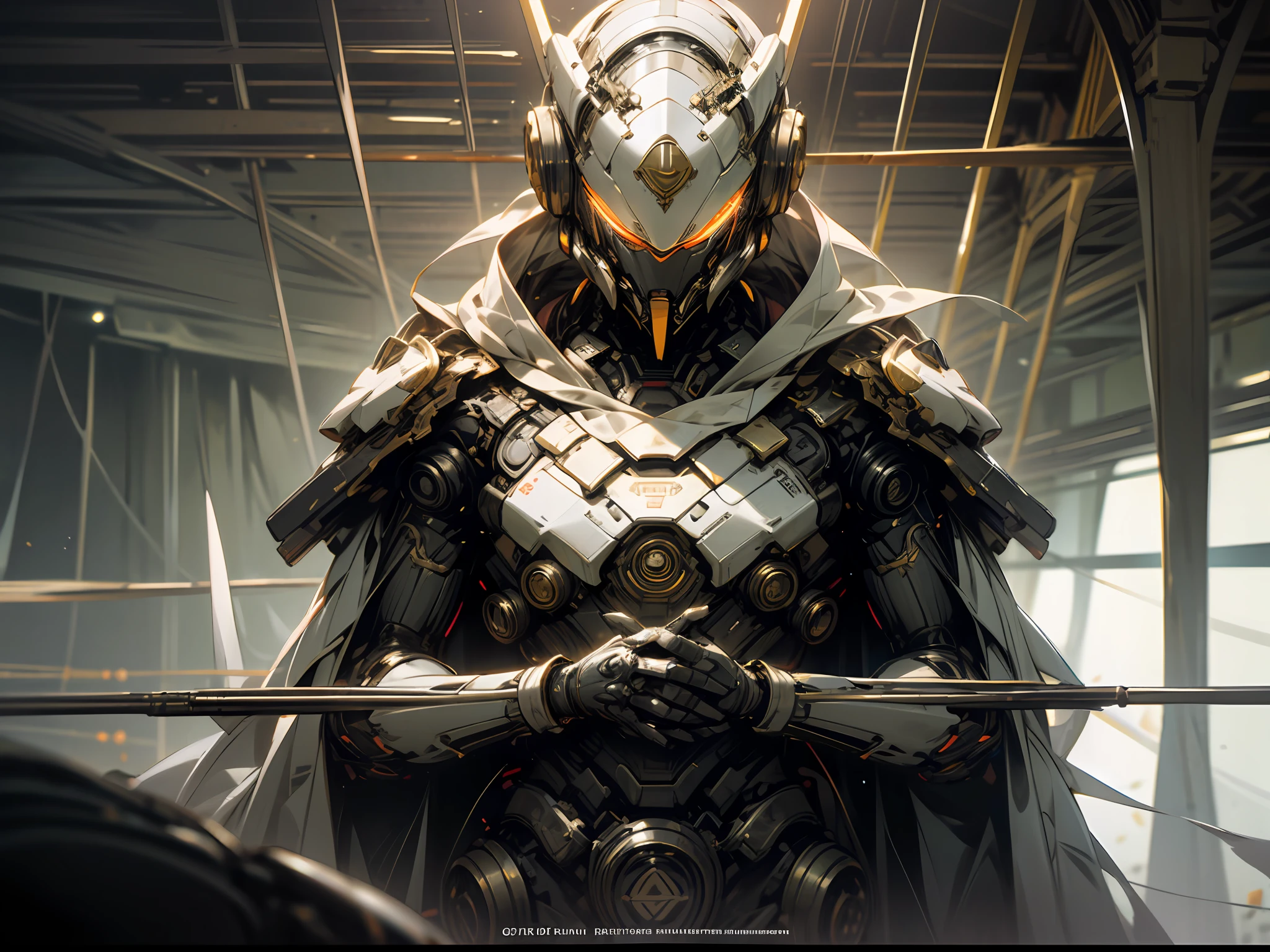 1. droid，Organic，Orange triangle glowing eyes，Network helmets，long whitr hair，white plastic，fanciful，iintricate，ellegance，Detailed realistic，Smooth and sharp focus，John Collier and Albert Aubrett、Art by Krenz Kusart and Artem Demura，electrical wires，pipe，dark chamber，Dim light， --auto