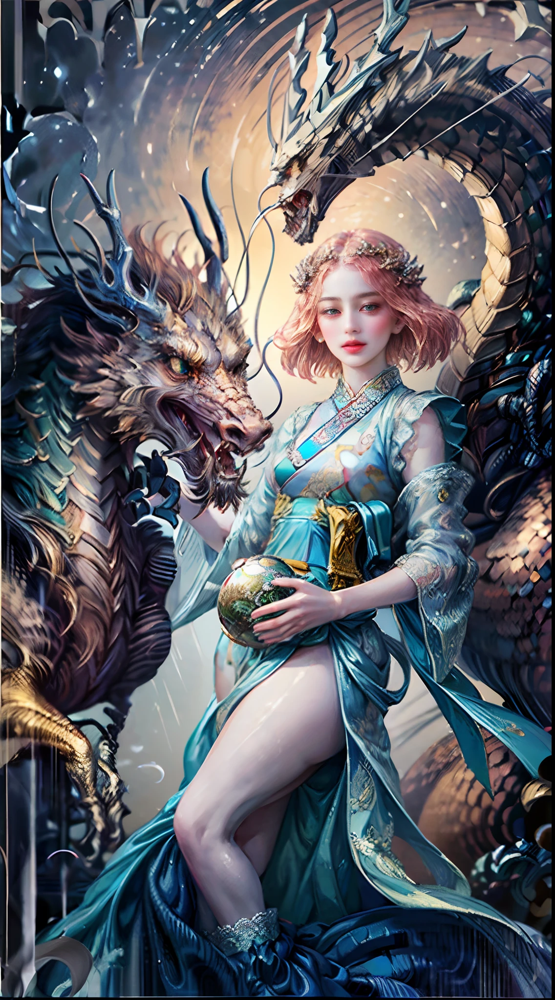 A mythical dragon，It has rainbow-like scales and silky wings，Carrying a haute couture female model on her back，Soar through the crimson sky。The female model wears an elegant outfit designed with a Chinese phoenix pattern，Strike fearlessly and embrace this amazing animal。The composition captures the determination and beauty of the model in close-ups，Blend Chinese cultural elements with haute fashion，Transports viewers into a world full of dreams and magic。The female model wears a delicate haute couture cheongsam gown with intricate patterns，Surrounded by spheres of floating water droplets，（Water drop sphere：1.8），It evokes the mysterious charm of the starry universe，Abstract landscape with ethereal design，Meticulous design of well-crafted clothing，Chinese fans，This is a close-up photography of a woman，（This woman has perfect body proportions：1.8），（Mid-chest and thin waist：1.8），（Small thin buttocks：1.8），（Hair is neat：1.8），（the feet：1.8），The content is super detailed and informative，Realist conception，The style is original，UHD resolution，Hyper-realistic，Realistis，Eyes look at the audience and smile，（The eye：1.8），（Eye sizes are consistent：1.8），Hibiscus moon and water drops，sunraise，bokha mood，（An extremely delicate and beautiful girl：1.8），8k wallpaper，8k，8K original{{{tmasterpiece}}}，RAW photogr，(8K at its best, tmasterpiece:1.8), (Super realistic, Super realistic:1.8), ultra-detailliert，(tmasterpiece:1.8)，best qualtiy，tmasterpiece，hires，Original，Very detailed ultra HD wallpapers，Perfect for bright cool lighting，Super detailed facial features are beautiful and beautiful，(Super realistic and beautiful facial features：1.8），Super detailed limbs sound and beautiful，（Super realistic and beautiful limbs：1.8），Super detailed action elegant and charming，（White as jade, lustrous and flexible, smooth arms and legs：1.8），（The fingers of the left hand point in a unified direction：1.7），（The fingers of the right hand point in a unified direction：1.7)