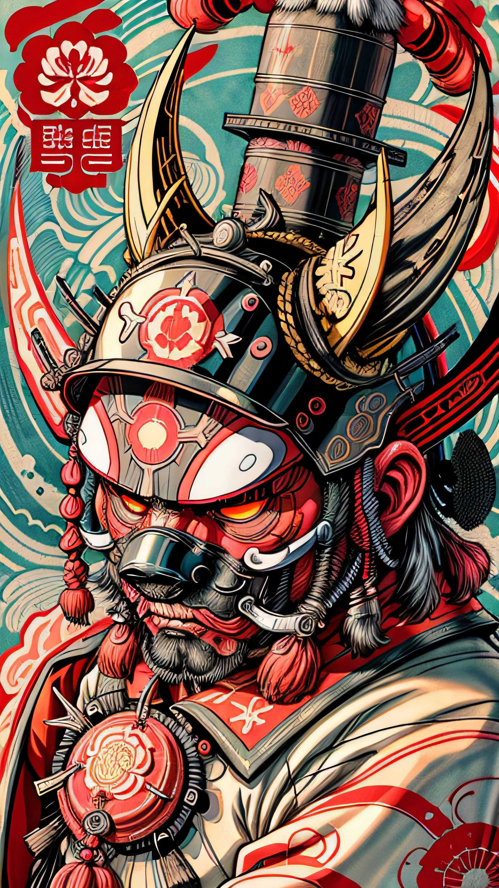 (Chinese traditional painting，high high quality)Illustration of the mask style，High resolution 8K，Focus on the details，Chinese a masterpiece wearing a samurai mask。