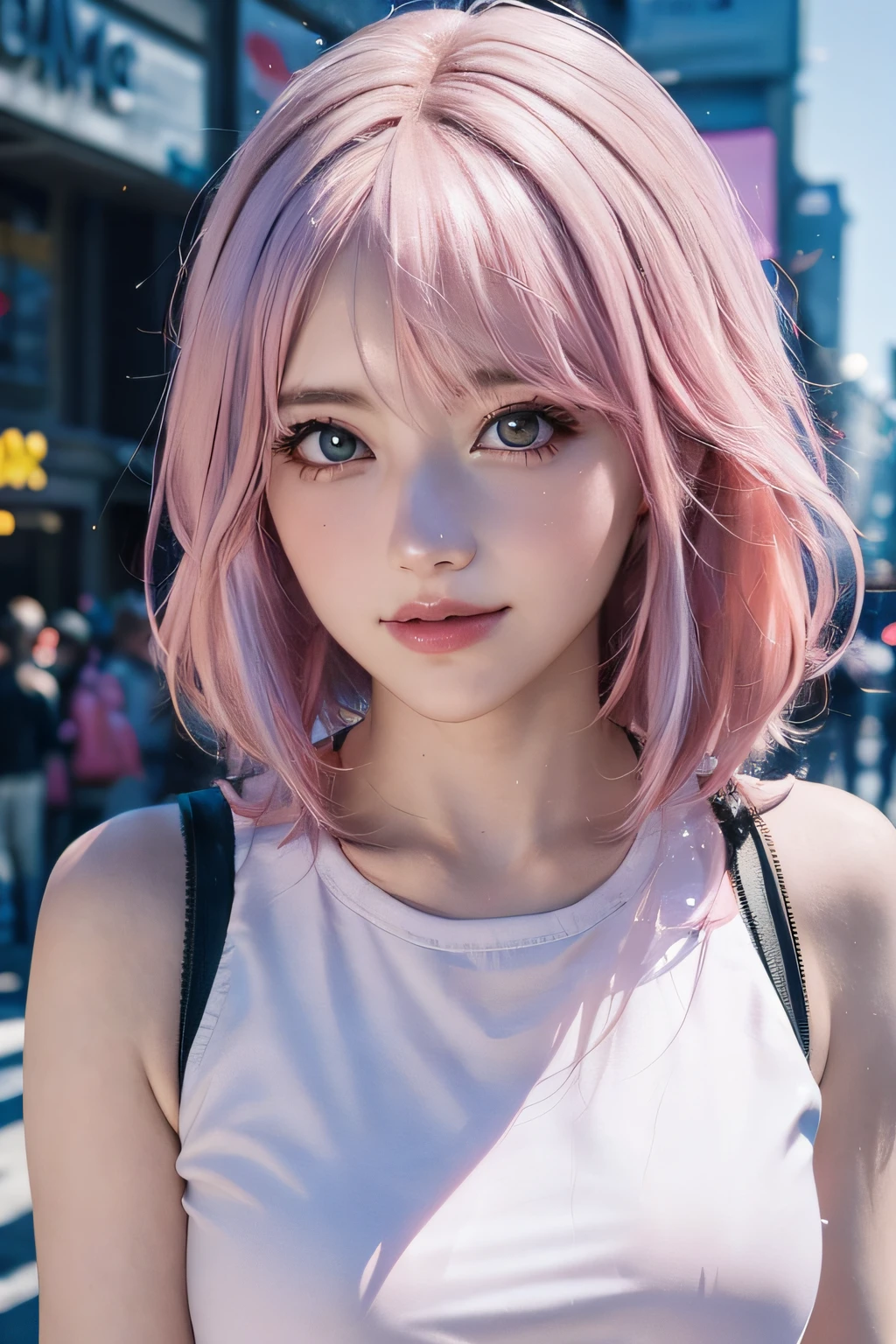 Alafi girl with pink hair and white blouse on city street, cute girl with short pink hair, Anime style mixed with Fujifilm, Anime girl in real life, Pink girl, with pink hair, pink twintail hair and cyan eyes, Flowing pink hair, pink wispy hair, anime-inspired, Stunning anime face portrait, Portrait of an anime girl