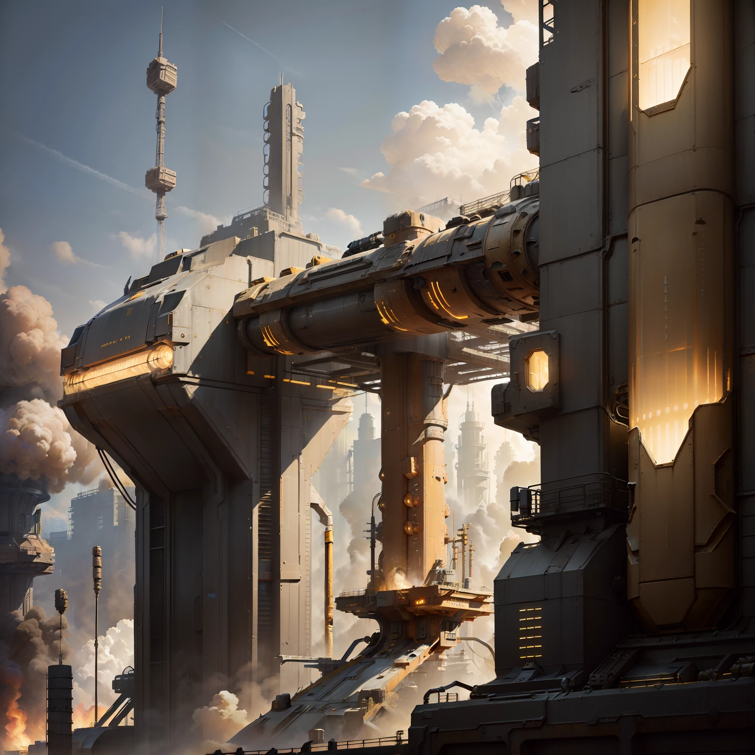 Dieselpunk landscape,Metal science fiction architecture,,Parts protrude,Complex machine structures and parts,Vertical and horizontal pipes,metalictexture,Battle damage,sense of science and technology,Strong contrasting lighting,Tech-sense background，真实感,Dull yellow light