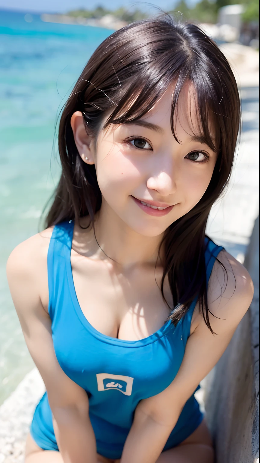 (top-quality、8K、32K、masuter piece、nffsw:1.2)、Cute Japan Girl、1人、profile、(Split abs、slim figure:1.2)、(s lips) 、(Black hair)、二重まぶた、shinny skin、Realistic rays、mare、beauitful face、(A smile:1.3)、crouching down、(From above:1.2)、(a closeup:1.4)、Maldives Coast、Light blue T-shirt、blurry backround、(Front Focus)、(Dark: 1.6)、Fantasy Art、photoRealstic、Professional Lighting、extra detailed face、Award-winning、deep-shadows、