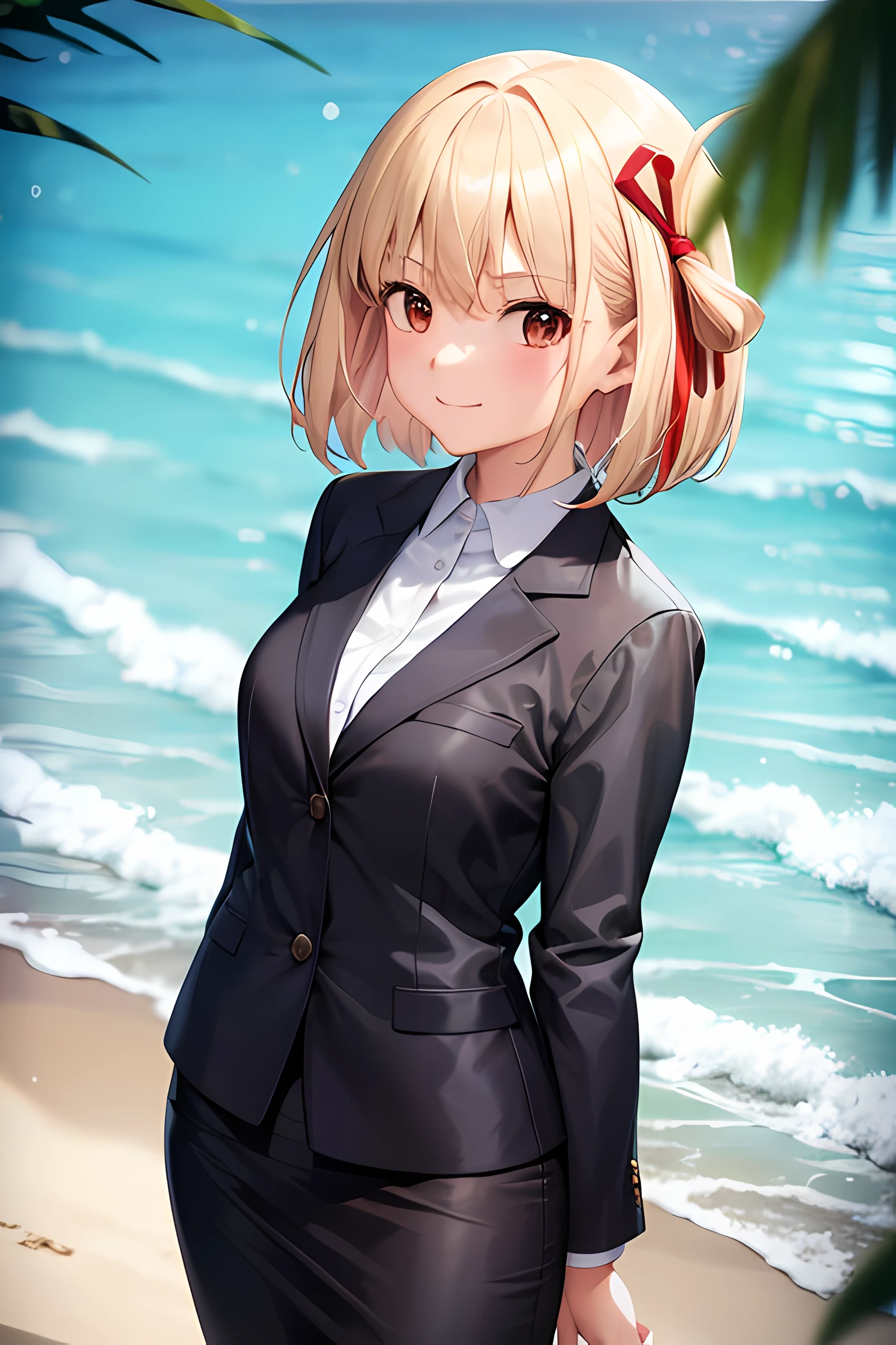 1girl, chisato nishikigi, suit, beach background, office lady, black skirt, black blazer, pencil skirt, white shirt, blonde hair, bob cut, hair ornament, red hair ribbon, short smile, teenager,