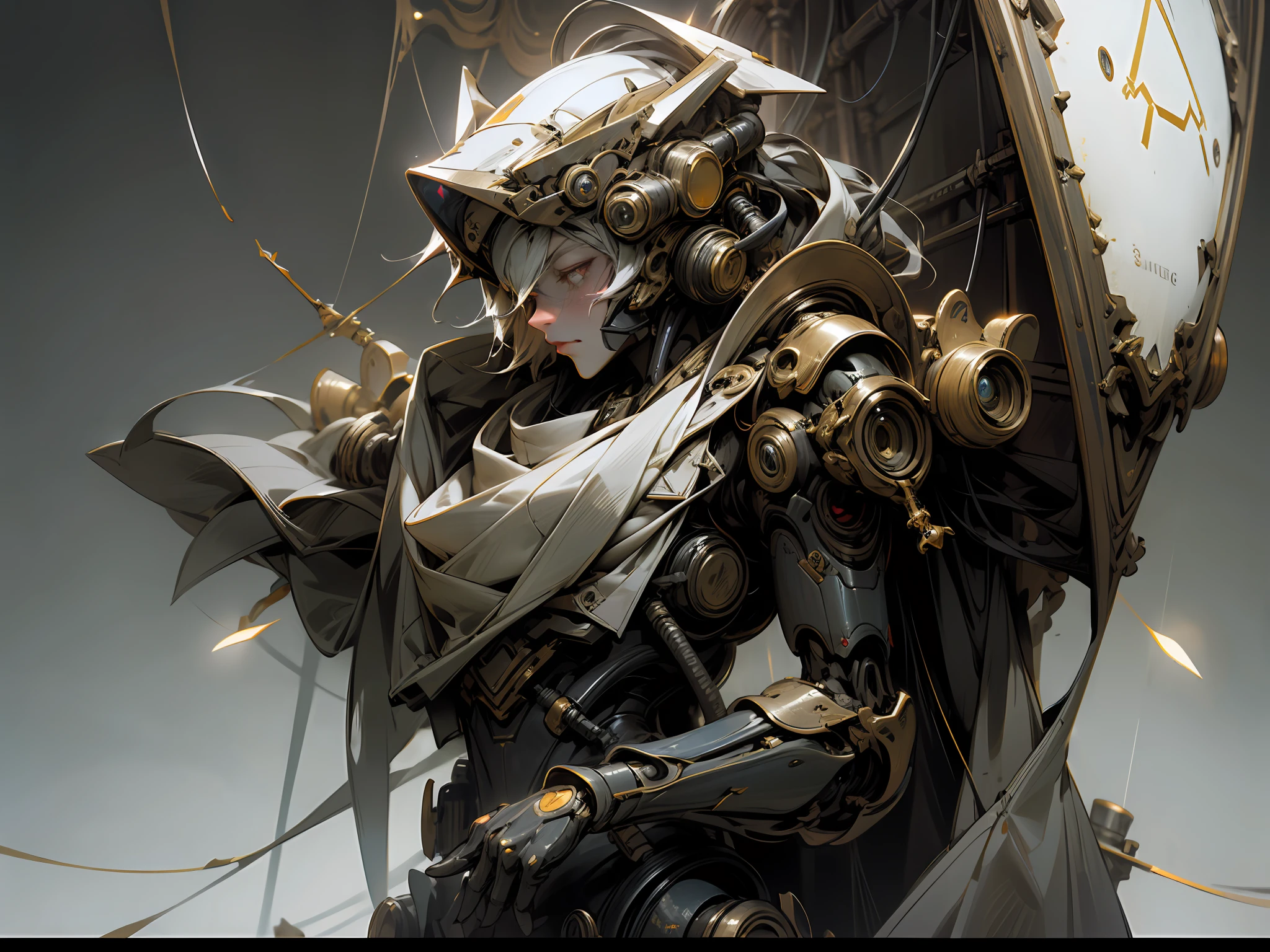 1. droid,Organic,Orange triangle glowing eyes,Network helmets,long whitr hair,white plastic,fanciful,iintricate,ellegance,Detailed realistic,Smooth and sharp focus,John Collier and Albert Aubrett、Art by Krenz Kusart and Artem Demura,electrical wires,pipe,dark chamber,Dim light, --auto