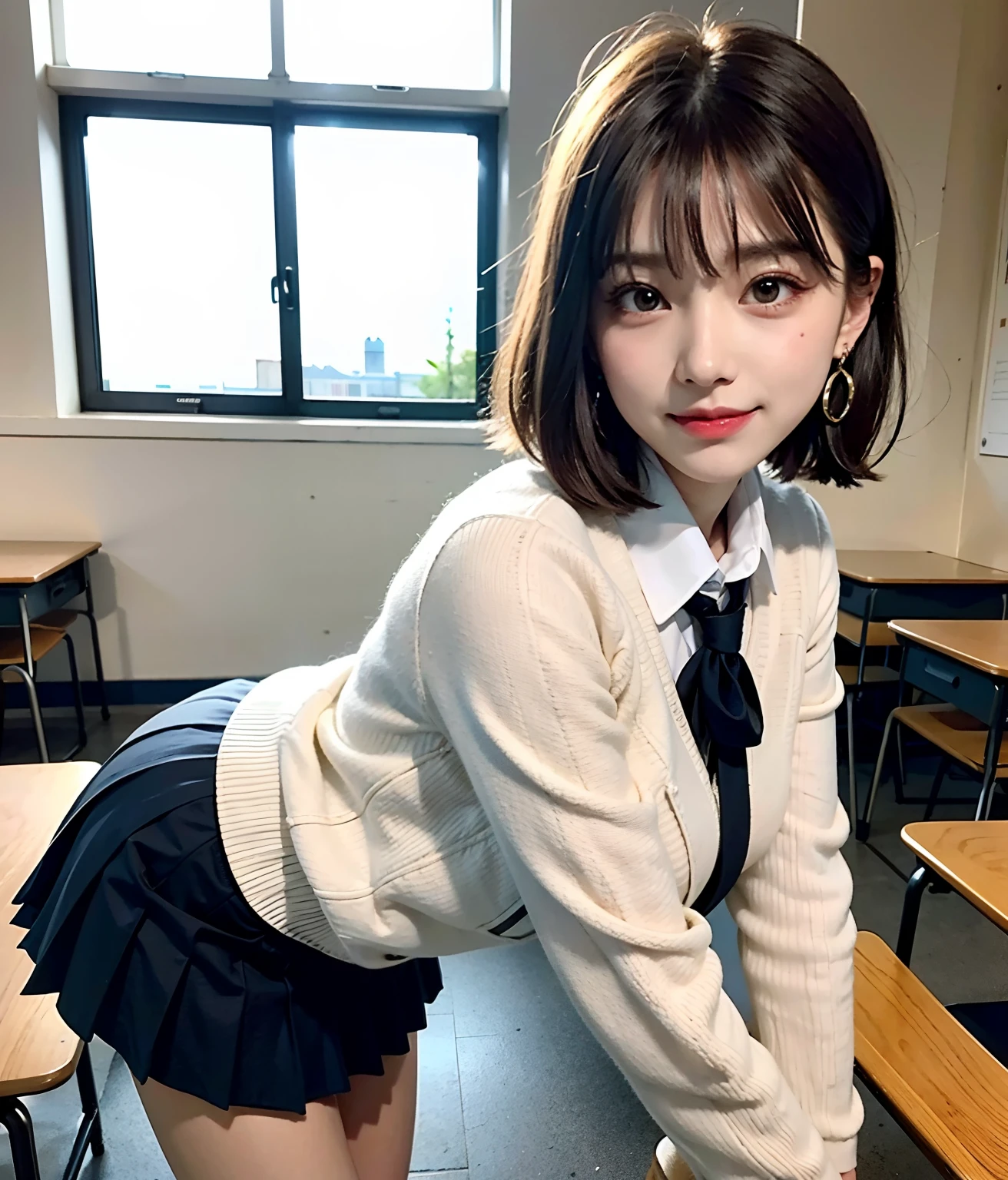 8K RAW photo, high resolution, 21 year old cool Korean, big round breasts, school uniform, tie, tie ribbon, blazer, skirt, beautiful eyes in detail, long eyelashes, beautiful double eyelids, eye shadow, slit eyes, sanpaku eyes, dark eye makeup, evil smile, beautiful thin legs, short hair gathered at the back, earrings, school classroom