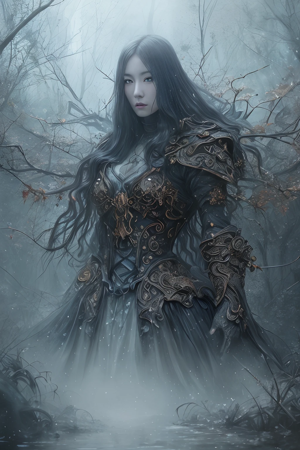 art by Miki Asai, les edwards surrealism and fantasy with a distinct gothic undertone using traditional painting techniques to create highly detailed and darkly atmospheric scenes that encompass elements of mysticism and the macabre with an air of timelessness. dramatic lighting and elaborate textures bring depth and mood to the paintings and the subjects often appear otherworldly and ethereal with enigmatic expressions and an aura of mystery and decay. ultra highly detailed, detailed digital painting, highly detailed, intricated, intricated pose, clarity, high quality