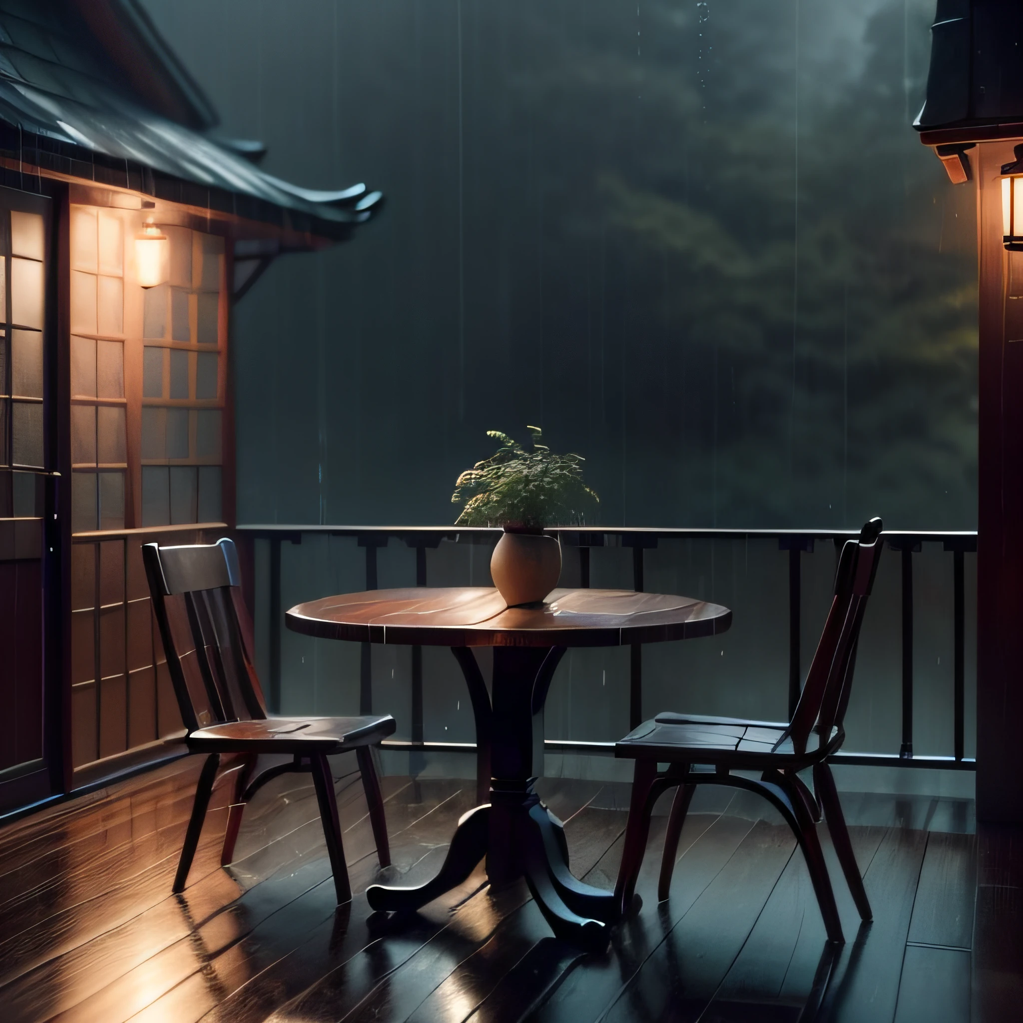 there is a small wooden house with a table and chairs in the rain, rainy day outside, magical environment, quiet and serene atmosphere, in a rainy environment, rainy outside, rainy afternoon, inside on a rainy day, rainy scene, by Raymond Han, rainy atmosphere, rainy environment, rainy mood, rainy and gloomy atmosphere, rainy evening, atmospheric fantasy setting