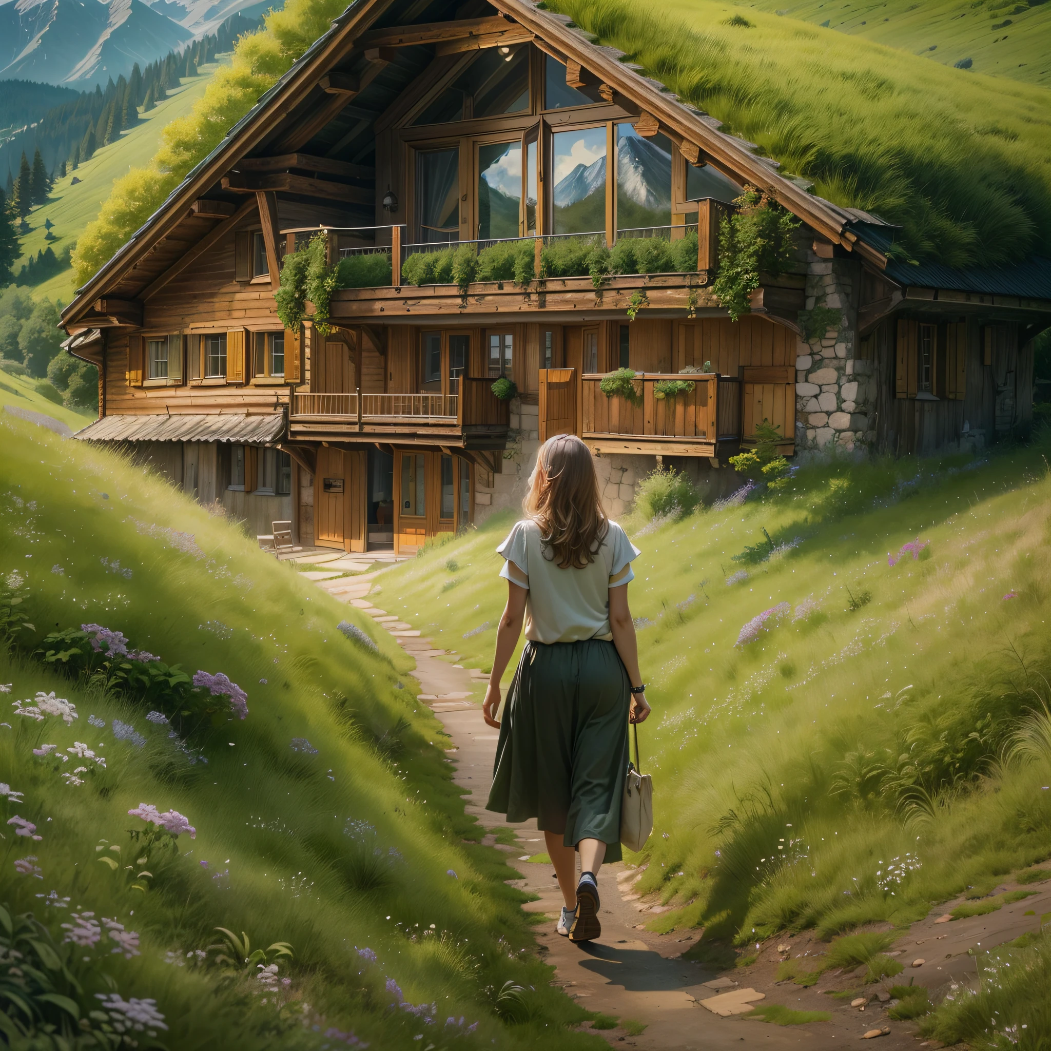 (a serene scene:1.2),(a slope of fresh grass),(the roof of a wooden chalet),(mountains in the background),(a young woman walking peacefully in the forest)