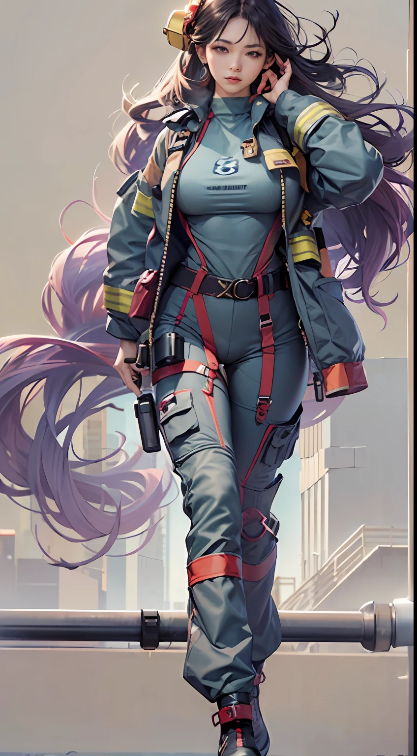 A Japanese woman walking in the city,Buildings,A plant,ssmile,Mixed Korean,The background is blurred out,focal,电影灯光,(((tmasterpiece))), ((best qualtiy)), ((Complex and detailed)), ((ultra-realistic realism)), Ridiculous resolution, A MILF, Mature woman, ssee-through, highly detailed, illustratio, 1girll, (huge tit), Thin waist and thick hips,long leges,beatiful detailed eyes, short detailed hair, brunette color hair, a purple eye, (Firefighter suit:1.2),Fire jackets,firefighter suit,Fire pants,Fire boots,Fire cap,Lace,gossamer,obi strip,Battle pack,Multifunctional belt set,Leggings bag,Back oxygen cylinder,intercom,Fire masks,Lunette de soleil,(underdressing), pantiess, high-heels,detailed back ground, perfect eyes, Seductive eye, looking at viewert, From the front,Wear light,