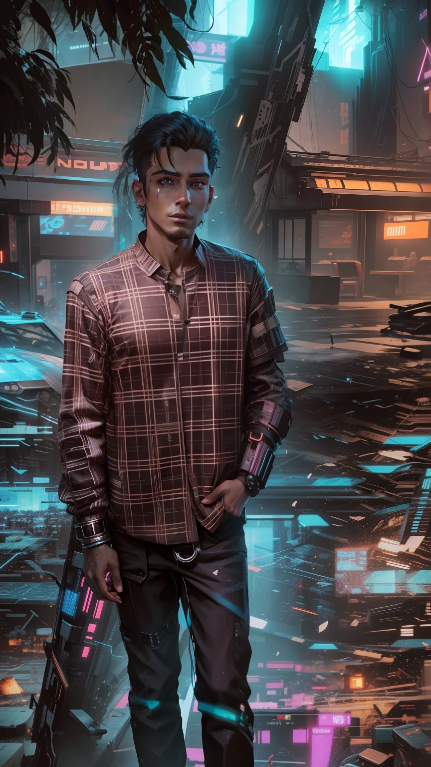 Change background cyberpunk handsome boy. Realistic face, 8k, ultra realistic,