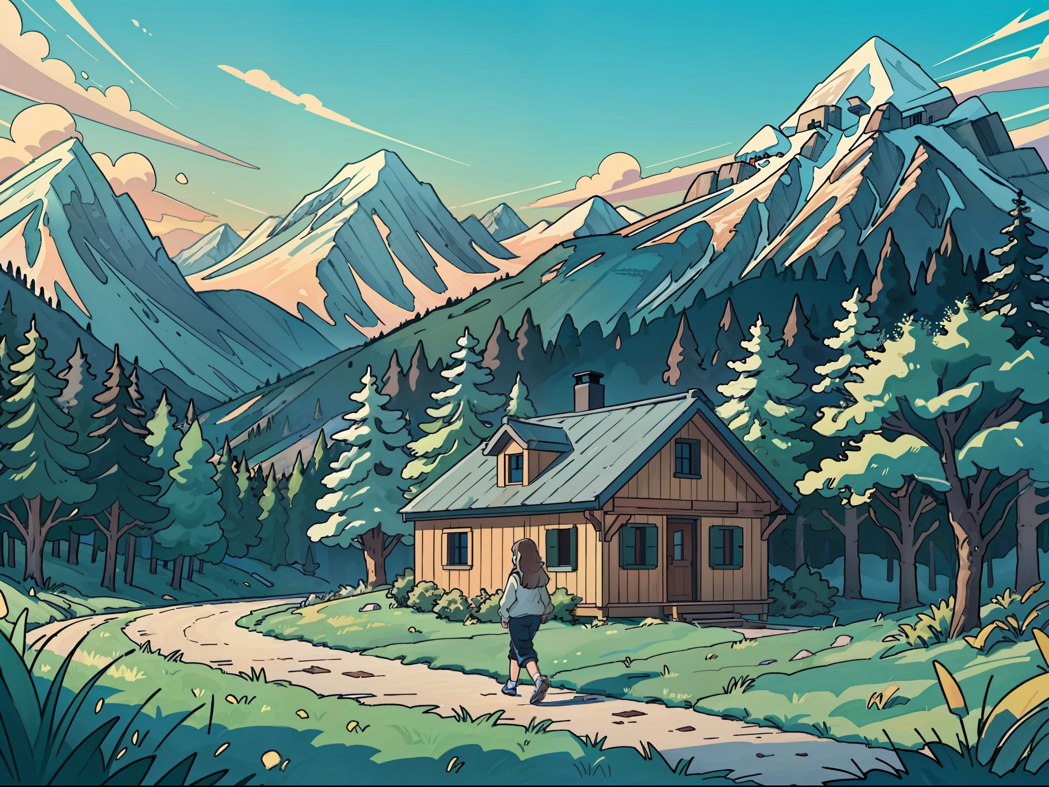 a slope of fresh grass, the roof of a wooden chalet, mountains in the background, a young woman walking peacefully in the forest