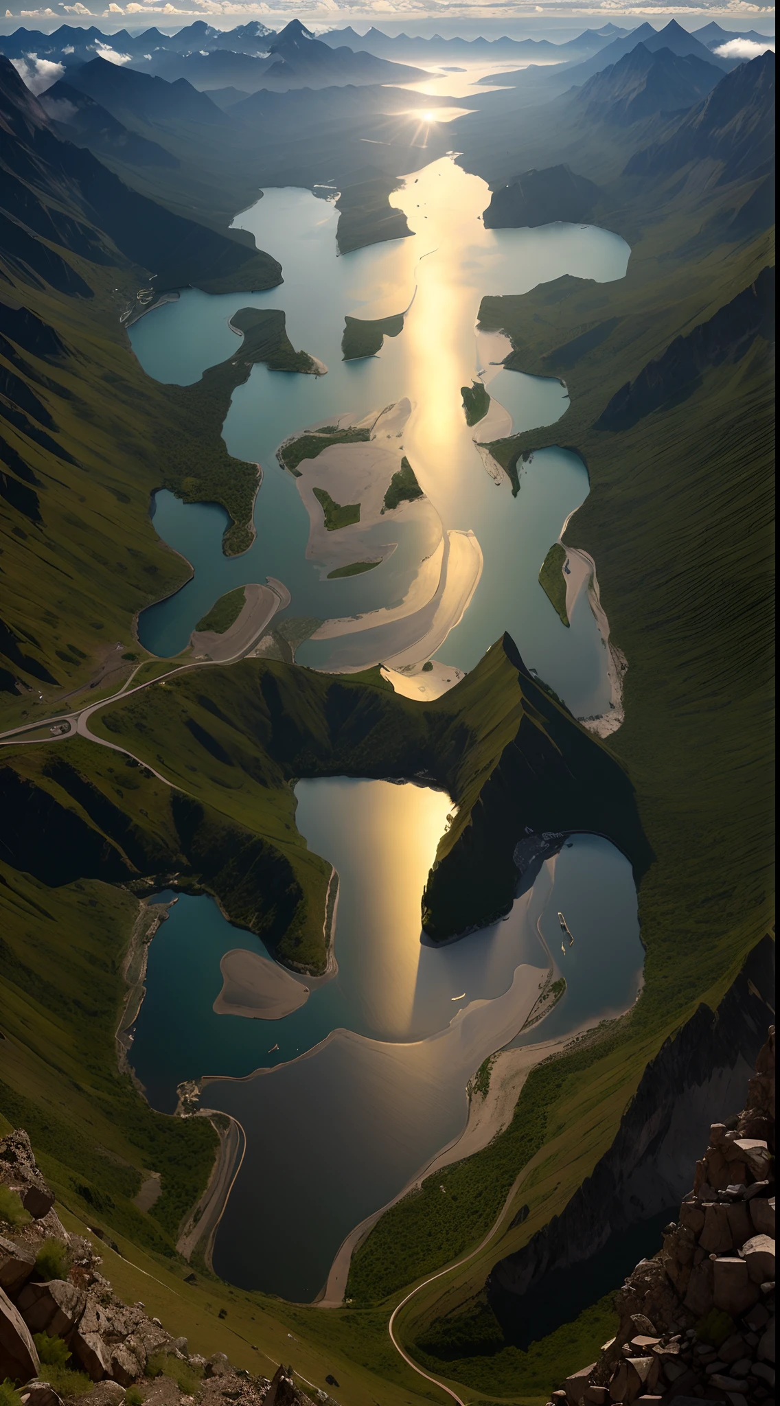 Mountain peaks, rivers, meandering, clouds, (intricate details), HDR, (intricate details, hyperdetailed: 1.2), cinematic shots, vignettes, centered