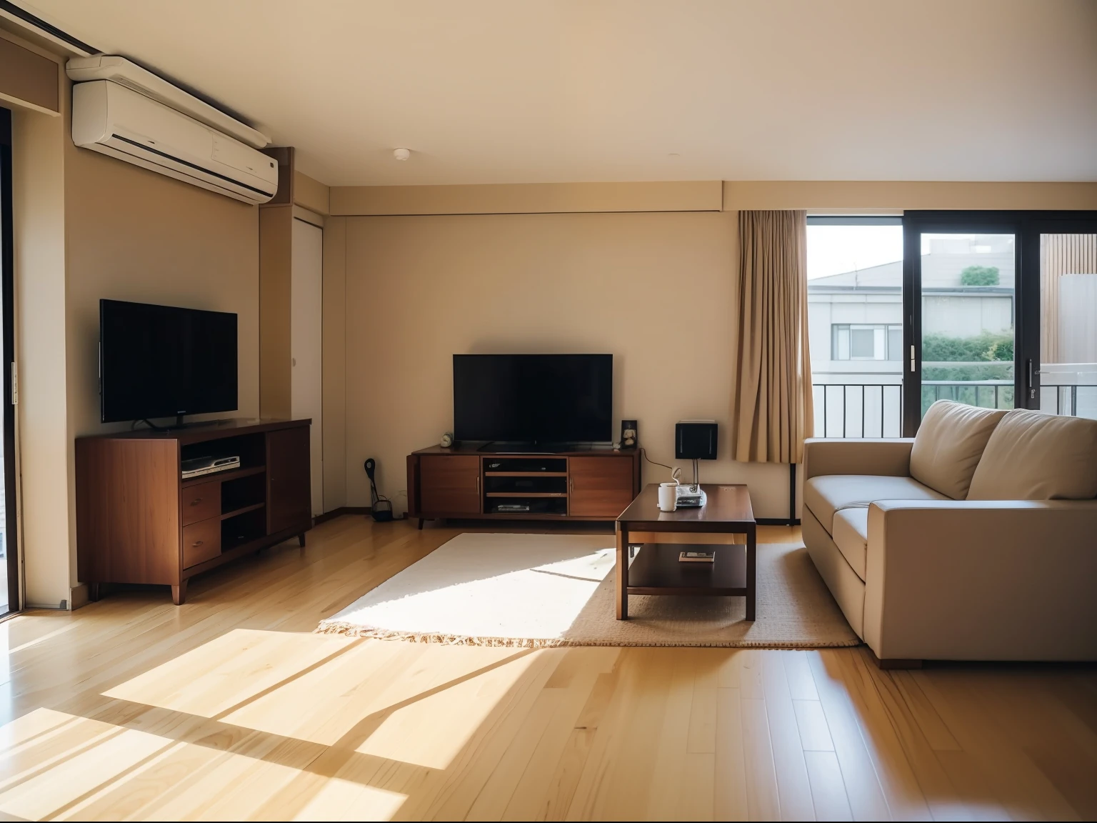 apartment in japan, Jumbled background, overflowing with things, Family of Four, sence of life, natural ligh, living room, sweep window, (wood floor), beige sofa, a lot of thing on dining table, beige carpet, air conditioning, arafed living room with a couch, coffee table, and chairs, in a japanese apartment, livingroom, taken with sony a7r camera, photo taken with sony a7r, taken with sigma 2 0 mm f 1. 4, modern living room, big spatious room, throughout the room, large open room, lounge room, one large room