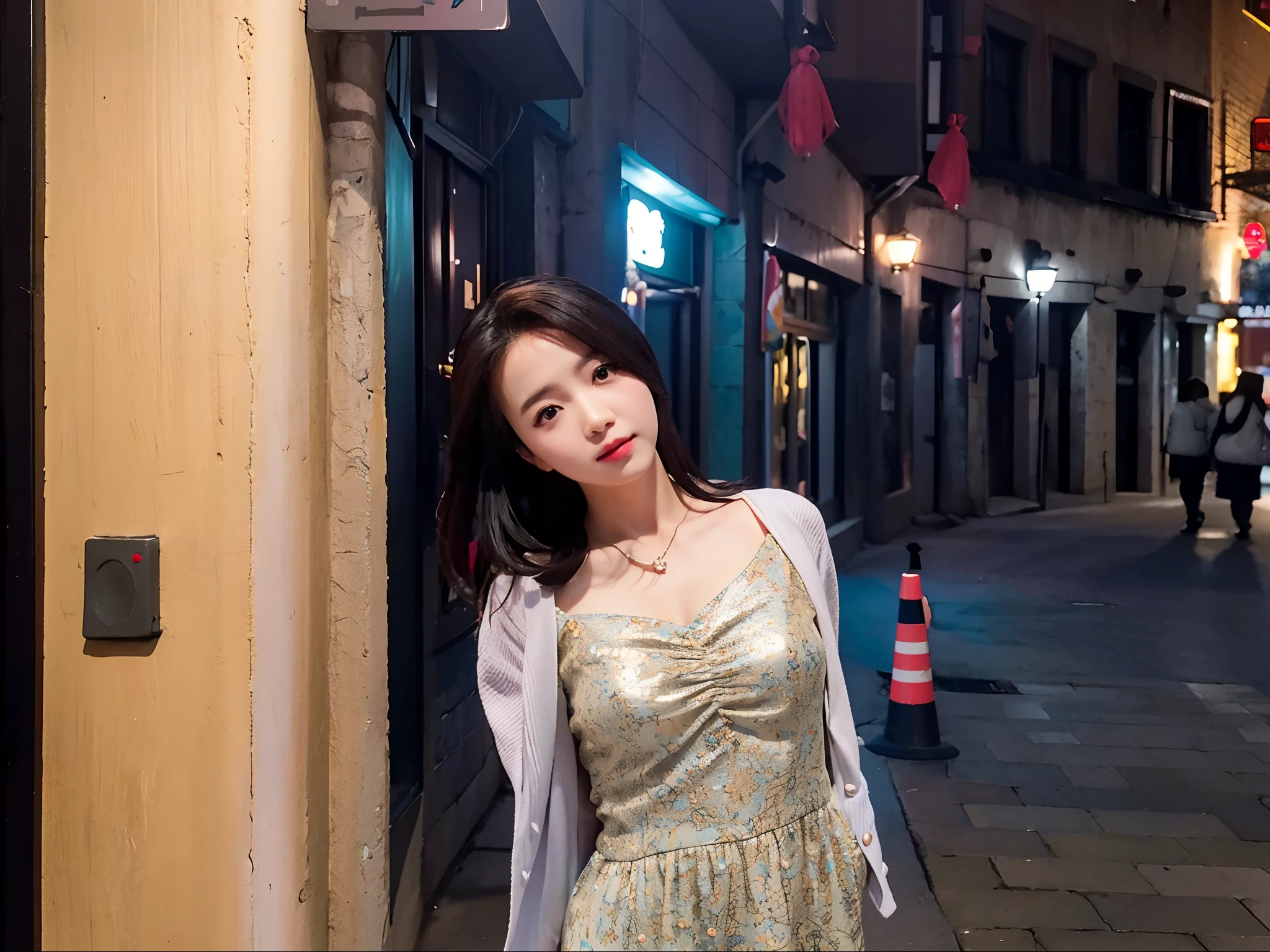 At night there was a woman standing in a narrow alley, in city street, Lin Qifeng, shot on leica sl2, Disney Girl, f / 1. 9 6. 8 1 mm ISO 4 0, Photo taken with Nikon D 7 5 0, Photo taken with Nikon D750