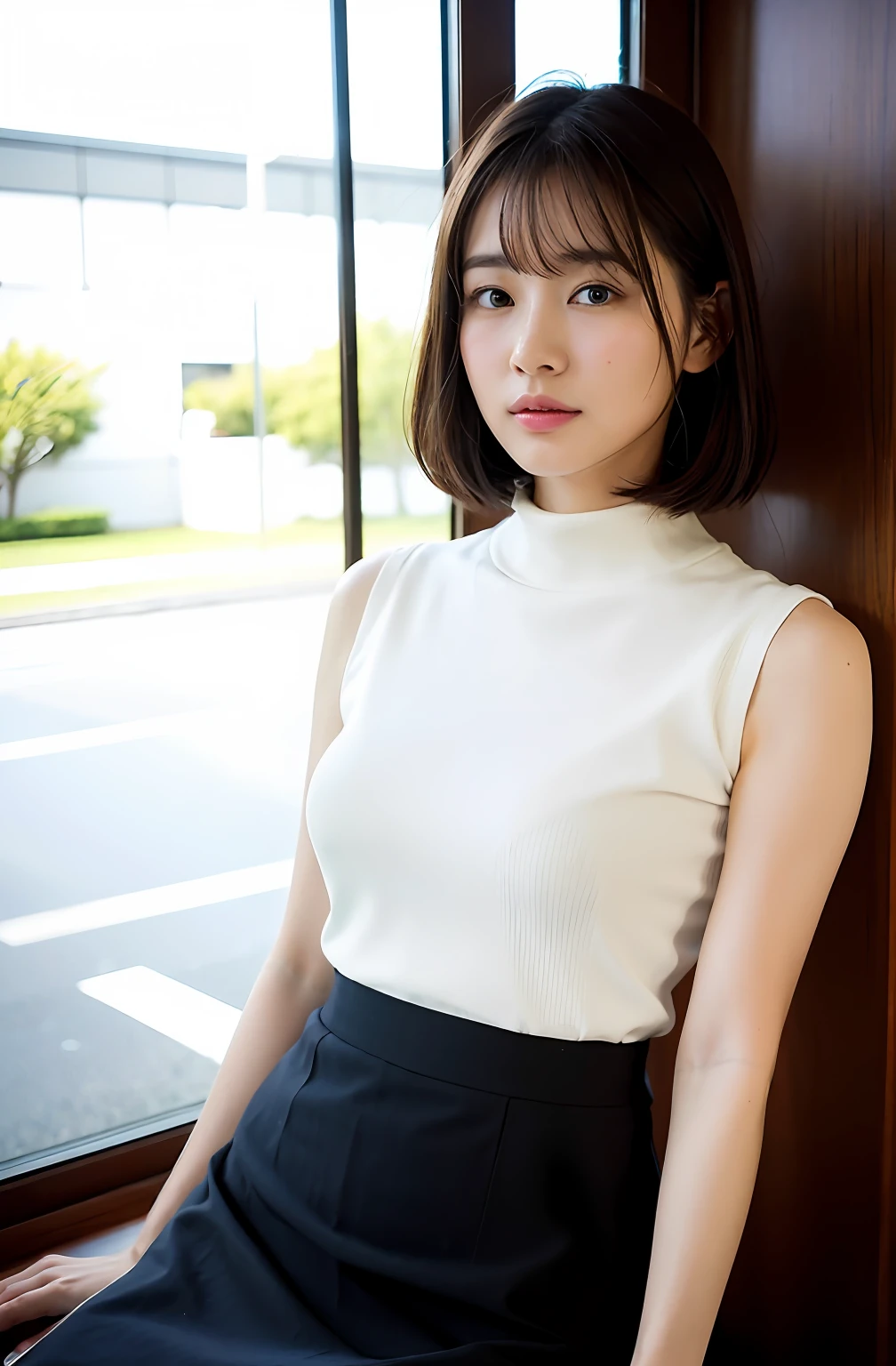 8K、top-quality、​masterpiece、超A high resolution、a picture、beautiful japanese female(pleasing:1.1) 、Elegance、There is a good、Beautiful face、Gradient lighting、1girl in、Delicate skin、Look into the distance、Brown-eyed、short hair with bangs、(breasts are large:1.0)、(medium areola:0.8)、(realisitic:1.4)、(top-quality:1.0)、(超A high resolution:1.0)、8K、Raw photography、(​masterpiece:0.2)、(pureerosface_v1:0.5)、Contrast Trim Polo Neck Bodycon Dress、Onepiece、Polo shirt style dresses、Super Mini Length、the skirt is short、Futomo、cotton clothes、Mini dress、Collared dress、no sleeves、Sleeveless、Tight、barechested、cotton clothes、no sleeves、Sleeveless、want me、Take your eyes off、Bus stops、deep in the night、rotary、Bus stop、total darkness、Benches、Wait for the bus、overtime、deep in the night、mid night、total darkness、subject、Lean、Look here、Ass big、a large bust、Kinda chubby、Bangs shed to the side、big butts、neat and well-groomed hairstyle、Bring your chest together、Feels、Mouth slightly open、Brown clothes、a necklace、、Ass big、Futomo、slightly drunk、