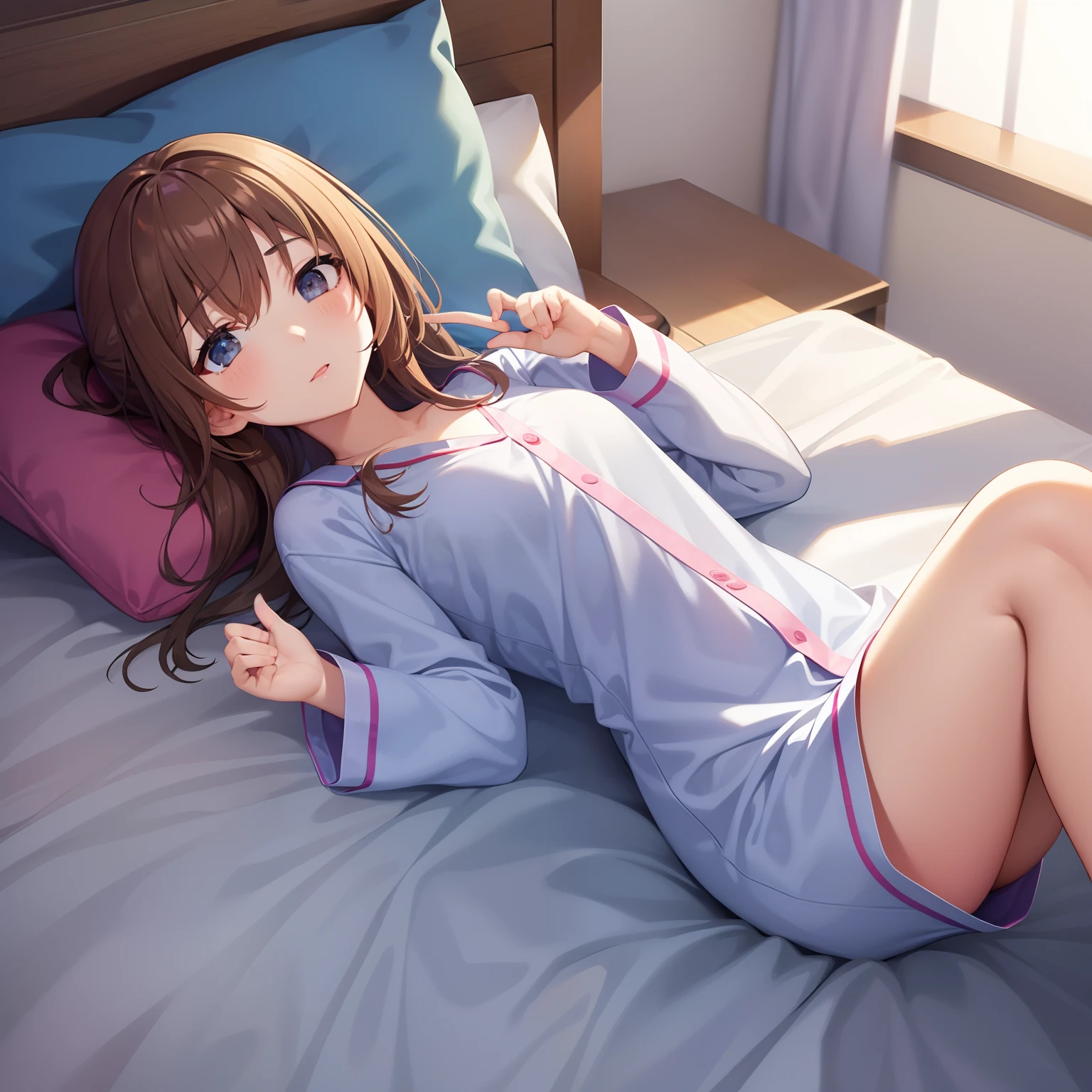 Girl in Pajamas。On the bed。lazy。