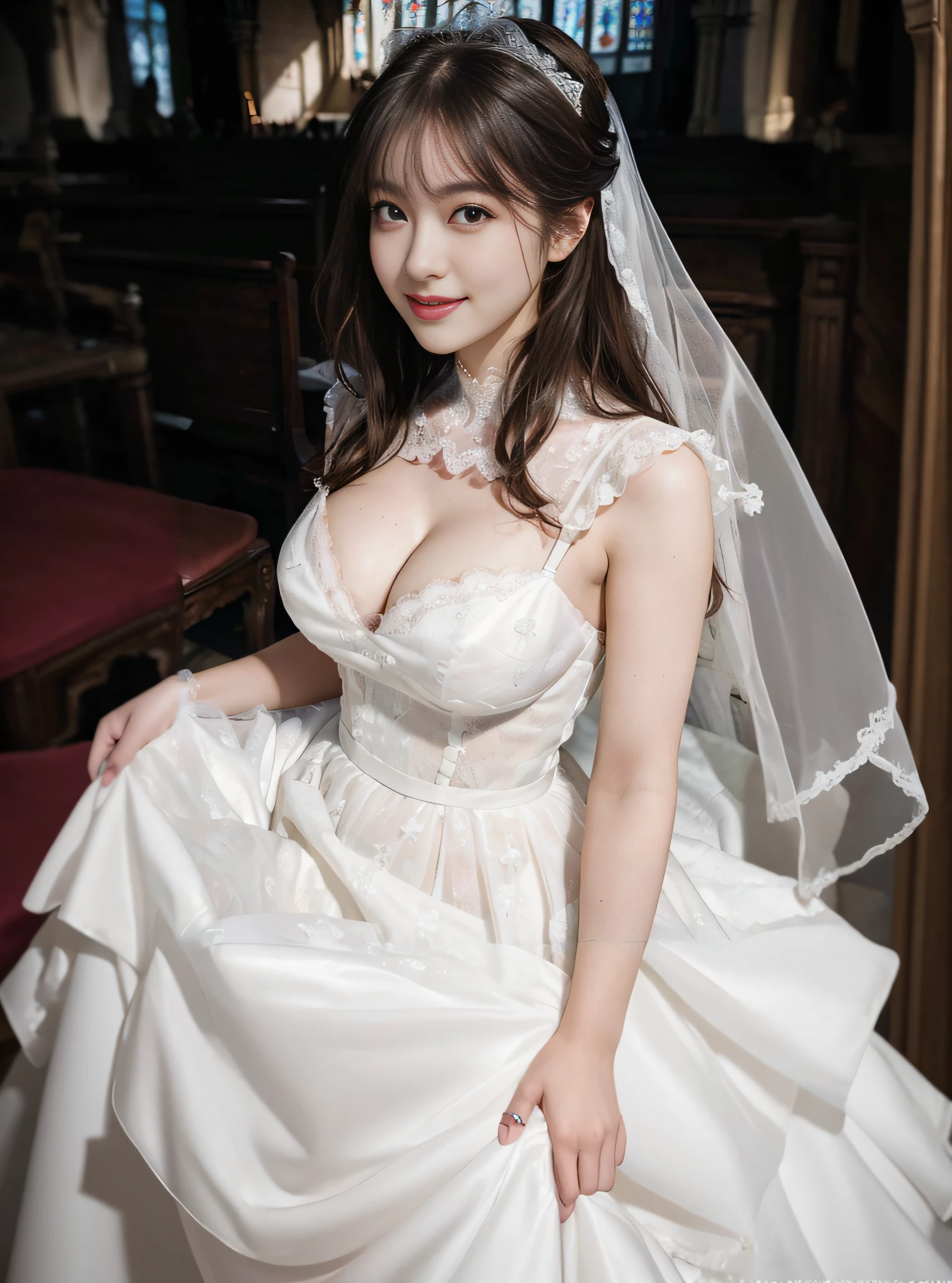 (best quality, masterpiece:1.2), (realistic:1.3), (ultra-detailed background, detailed background), bokeh, ((medium breasts)), ((fantabulistic taut cleavage)), ((spread breasts)), ((sexy obscene)), (big pretty areolae:1.2), double eyelid, frilled dress, (lace-trimmed see-through pure white dress:1.4), bridal tiaras, gorgeous parchment wedding dress, luxury wedding dress, classic wedding dress, show, bridal veil, bridal gauntlets, bridal cascading bouquet, upper body, wedding at church, from above, the skirt spreads round and wide, 1girl, cute, age, posing, smiling, dynamic angle, dynamic pose, very long hair,