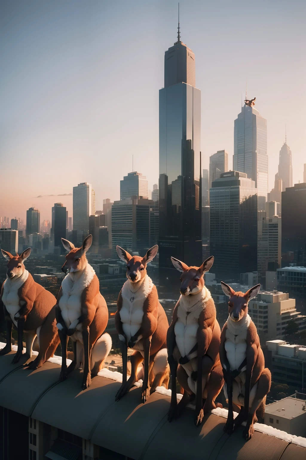 A large herd of 4 kangaroos standing on top of a tall building in the middle of Melbourne city looking at the viewer curiously, (((wide shot))), sunset in background, standing Kangaroos, skyscrapers, greenery, (((snowfall))), magic sparkles, beautiful scenery, Melbourne city, (((Melbourne Cricket Ground in background))), (((Melbourne skyline))), buildings, city skyline, vibrant sky, (((subject: large herd of kangaroos standing on roof top of tall building looking at the camera))), cinematic, epic, hyper realistic photo, 8k render, curious animals, overcast, (((herd of kangaroos))), rainbow in sky, MCG, candid photo, Aussie, city life, top view shot, numerous kangaroos