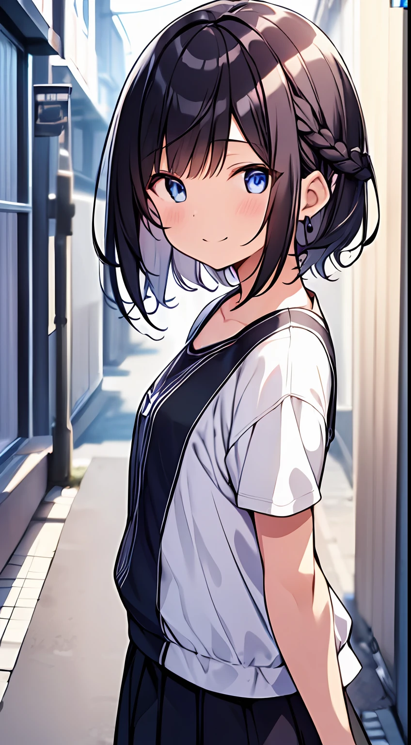 masutepiece, Best Quality,Illustration, Wallpaper, Ultra Detail, 1girl in,Solo,Beautiful detailed eyes,Very thick contour lines、Medium Short-Cut Hair、Short, Braided hair、(student clothes)、Dark hair color、A smile、Walking next door、Kamimei、Overlooking angle:1.2、small head