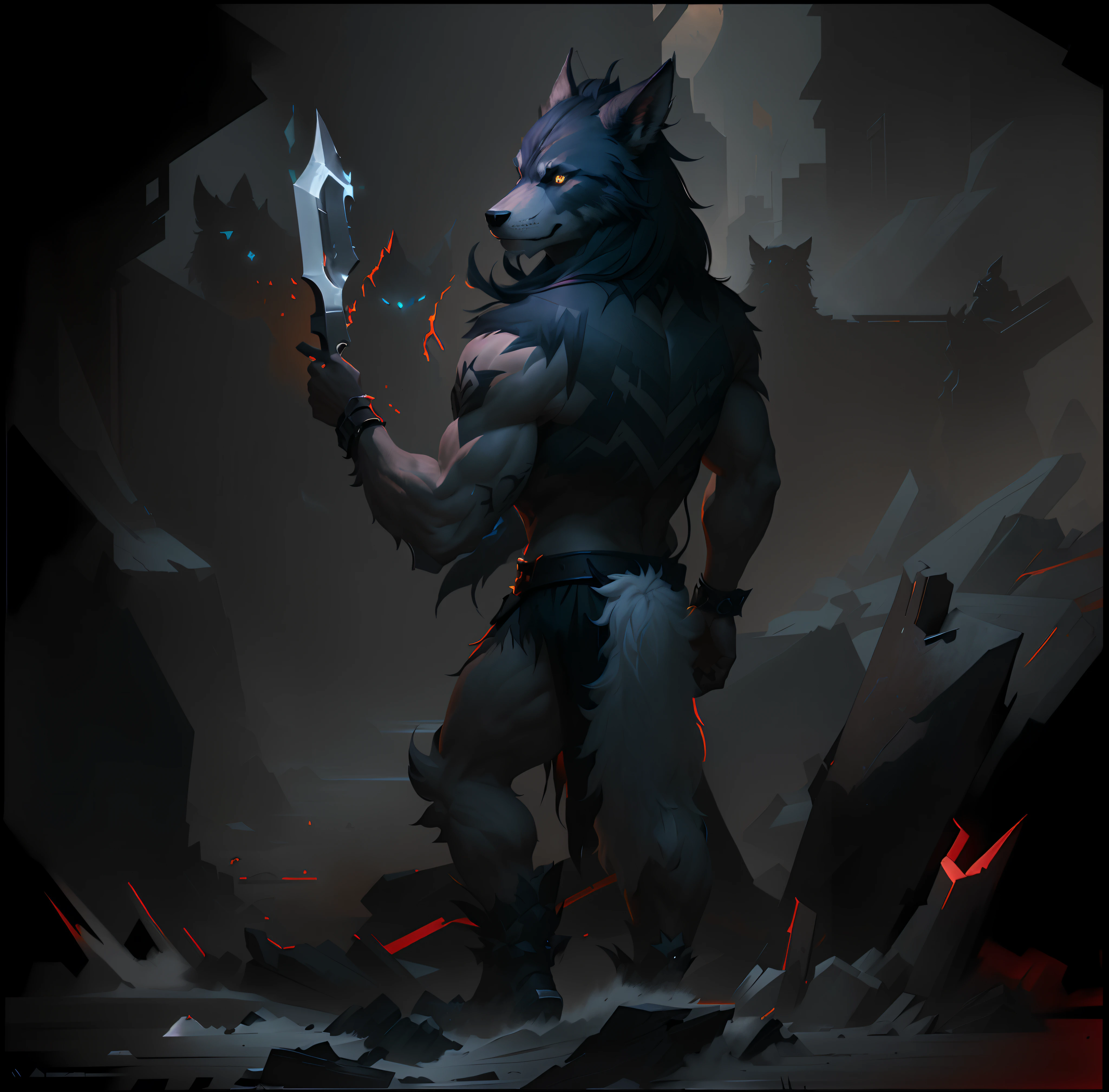 There was a man with a knife and a wolf on his back, a minotaur wolf, anthro concept art, anthro art, an anthro wolf, painted as a game concept art, finished concept art, muscular werewolf, demon-fang gnoll, dark concept art, painted in the style arcane, gnoll, anthro paw pov art