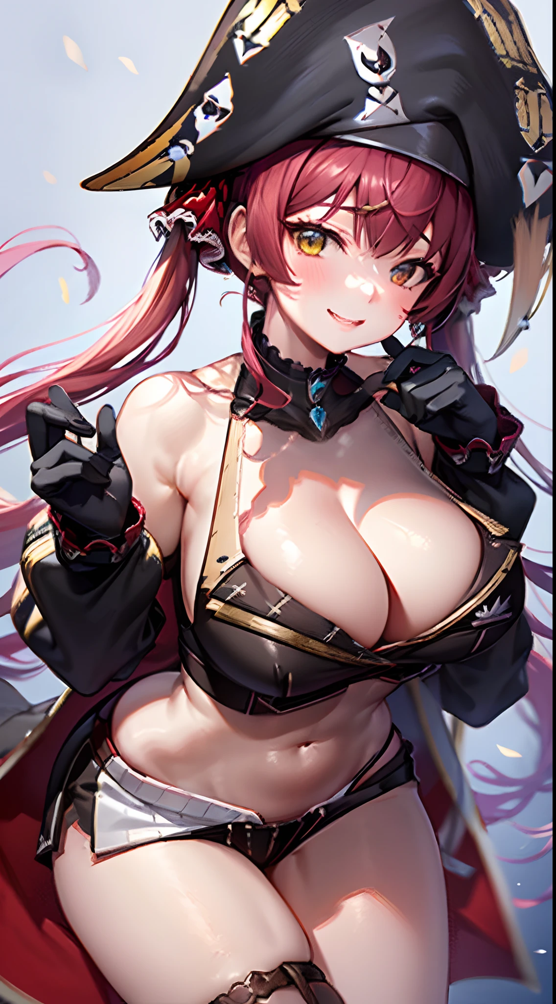 1girl in, Solo, ((Houshou Marine)), Long twintails, (Red Hair Ribbon), Large breasts, Smiling, thighs thighs thighs thighs, Pirate Hat, Red miniskirt, Navel show、cleavage of the breast、Black knee-high、