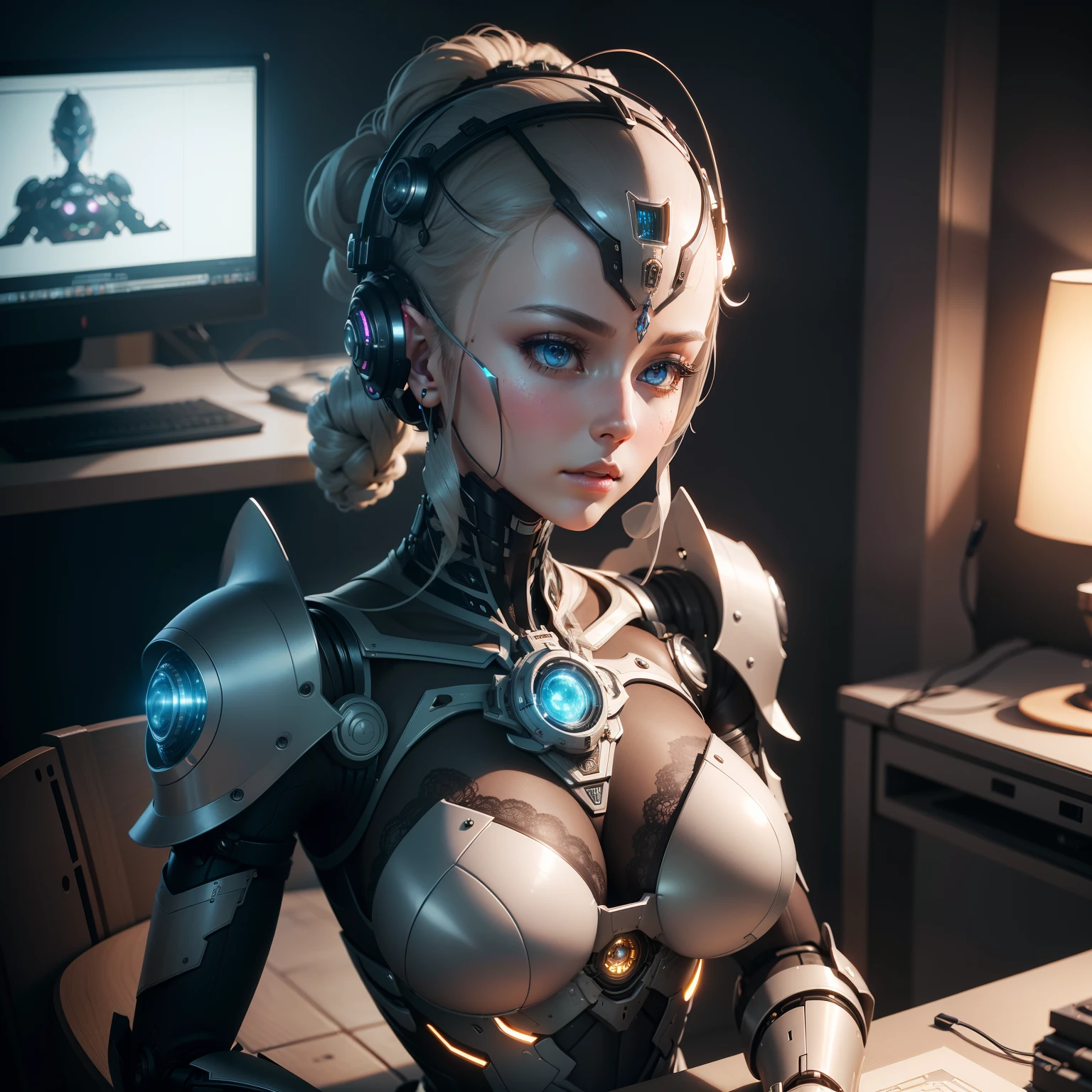 Intricate 3d rendering of highly detailed beautiful ceramic silhouette female robot face, robot, robot part, 150 mm, beautiful studio soft light, rim light, vibrant details, luxurious cyberpunk, lace, surreal, anatomy, facial muscles, cables wires, microchip, elegant, beautiful background, octane rendering, HR Giger style, 8k, best quality, masterpiece, illustration, very delicate and beautiful, very detailed, CG, unity, wallpaper , (fidelity, fidelity: 1.37), amazing, fine detail, masterpiece, best quality, official art, extremely detailed cg unity 8k wallpaper, absurd, unbelievably absurd, robot, silver helmet, full body, sitting write