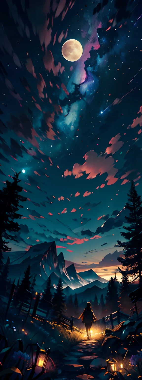Expansive landscape photograph, (view from below with a view of the sky and the wilderness below), standing in a flower field looking up, (full moon: 1.2), (shooting star: 0.9), (nebula: 1.3), distant mountain, tree break production art, (warm light source: 1.2), (firefly: 1.2), lamp, purple and orange, intricate detail, volume lighting BREAK (masterpiece: 1.2), (highest quality ), 4k, ultra-detailed, (dynamic configuration: 1.4), highly detailed and colorful details (iridescent: 1.2), (sparkling lighting, atmospheric lighting), dreamy, magical, (solo: 1.2)