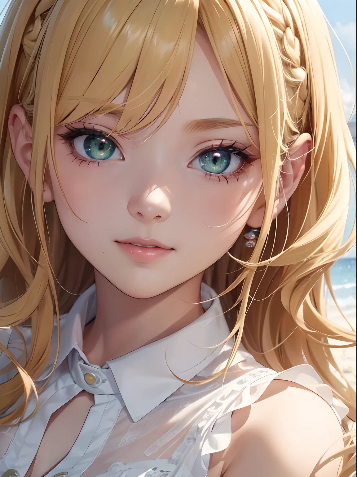 NFSW, 1 Lady,  Face, (((1 Lady:1.37, Solo))), (((Close-up of face))), (Beautiful face, Cute face, Detailed face), ((( Golden hair, Semi-long hair, Hair pulled back, Wavy Hair))), (((Detailed beautiful green eyes))), BREAK, (((Sunny))), (((in beach))), (((White sheer blouse, Microblouse, Sleeveless))), BREAK, extremely detailed CG unified 8k wallpaper, very fine 8KCG wallpaper, anime moe art style, Anime visuals of cute girls, anime style portrait, In an anime style, Beautiful anime, 8K Anime Art Style, In anime style、8K animation with detailed drawings, (​masterpiece, Best Quality), High resolution, Ultra-detailed, ultra-sharp, Cinematic lighting
