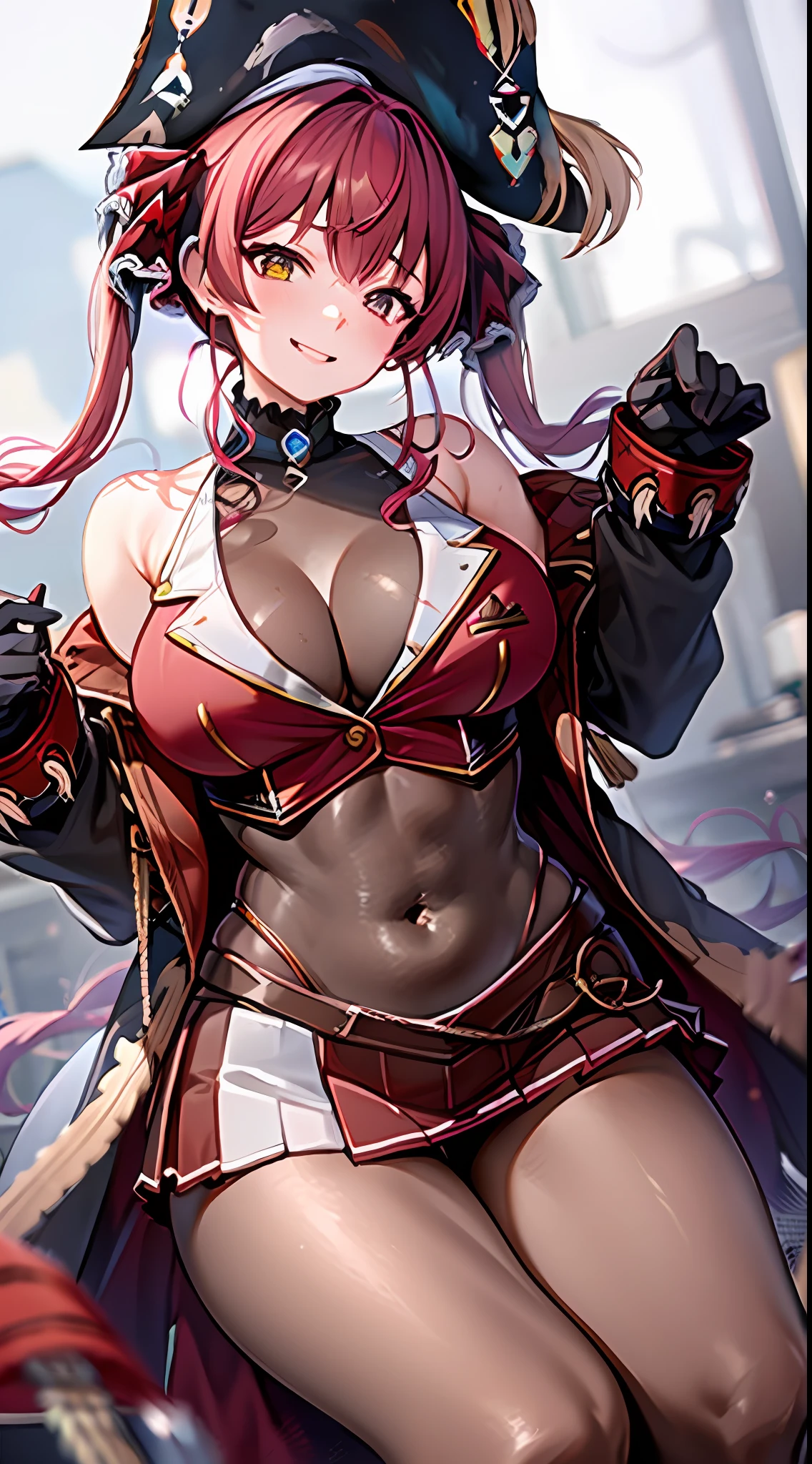 1girl in, Solo, ((Houshou Marine)), Long twintails, (Red Hair Ribbon), Large breasts, Smiling, thighs thighs thighs thighs, Pirate Hat, Red miniskirt, cleavage of the breast