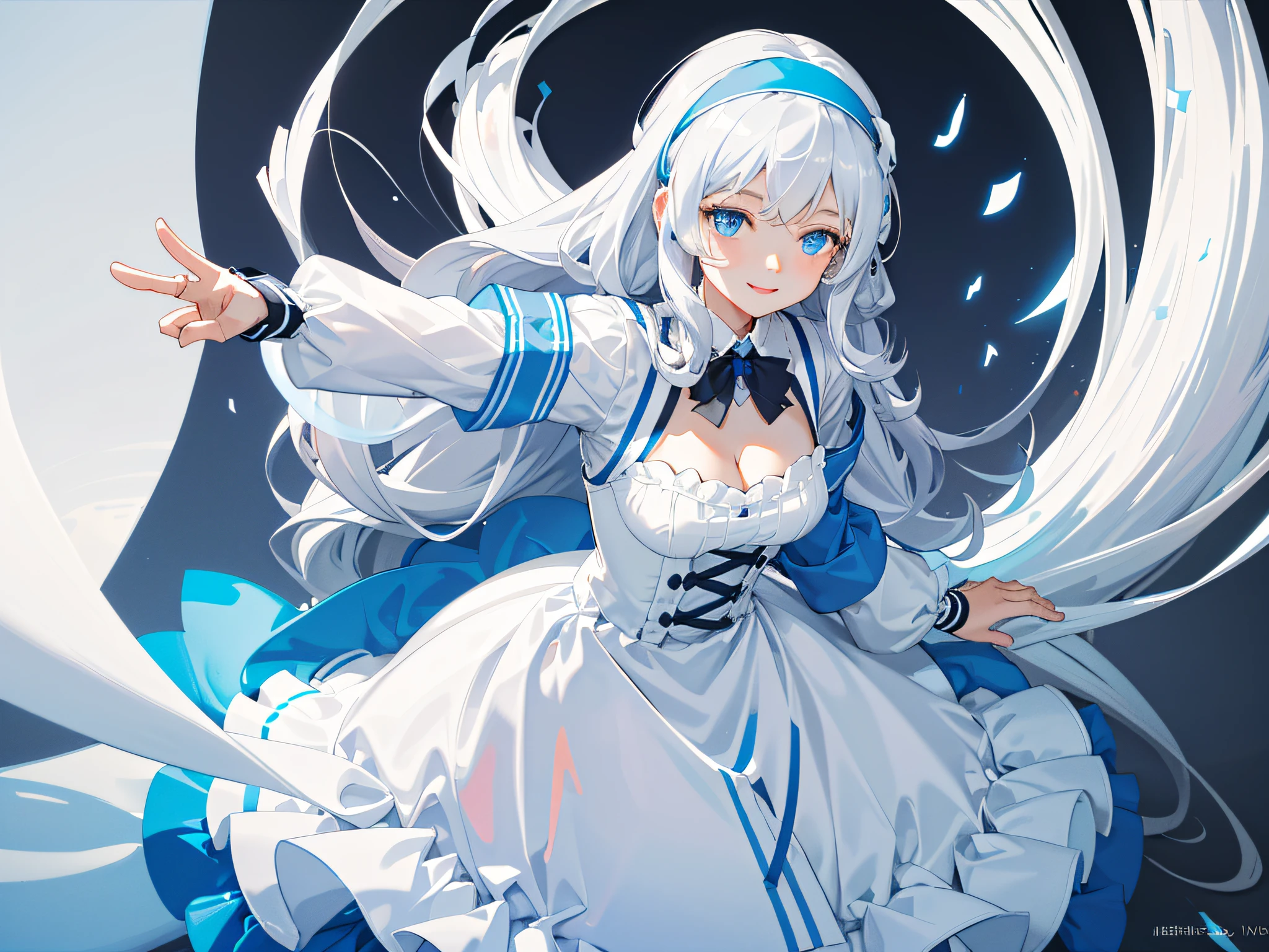 tmasterpiece，best qualtiy，the detail，1girll，Gray-white curly medium long hair，closeup cleavage，brightly，lineworks，cheerfulness，intriguing，blue white colors，Clothing is transparent，light blue  eyes，Matilda，Light blue headband
